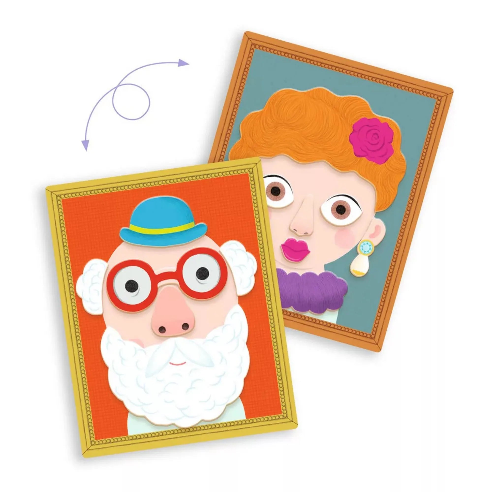 Djeco Inzebox Portraits – két mágneses portré egymás mellett, cserélhető arcelemekkel demonstrálva.