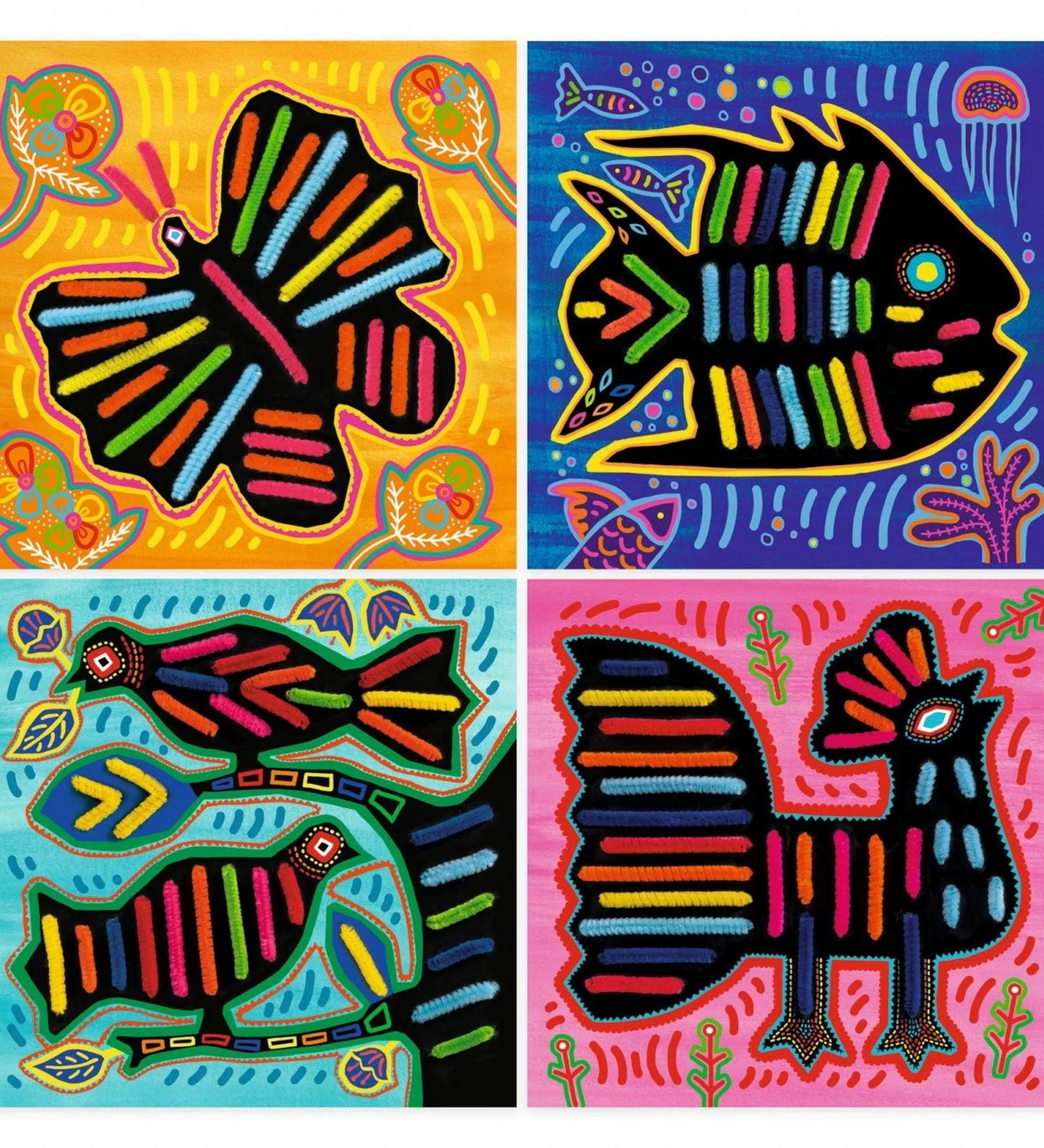 A Djeco Art Kuna és bolyhos drótok készlet négy színes képe: lepke, hal, madár és kakas motívumok, élénk chenille drótokkal díszítve.