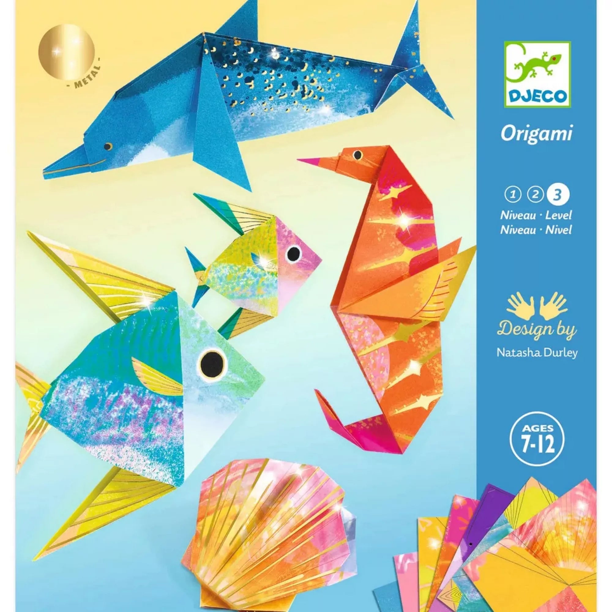 Tengeri élet papír origami Djeco készlet doboza, fémes hatású delfinnel, halakkal, csikóhallal és kagylóval, 7–12 éveseknek