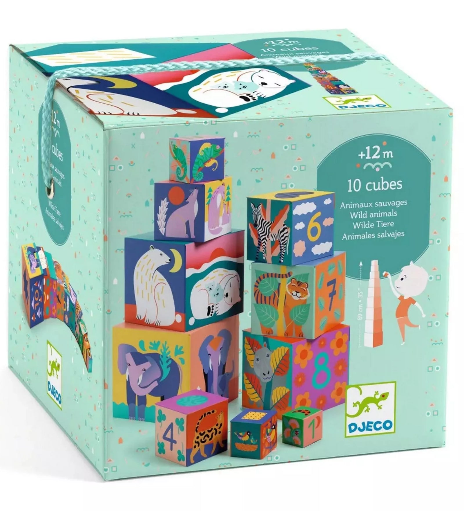 A Djeco Toronyépítő kockák – Vadállatok játék doboza, melyen színes állatmintás kockák láthatók, mint elefánt, jegesmedve, zebra és tigris. A doboz bemutatja a 10 darab, 12 hónapos kortól ajánlott kartonkockát, amelyek egymásra építve toronnyá alakíthatók.