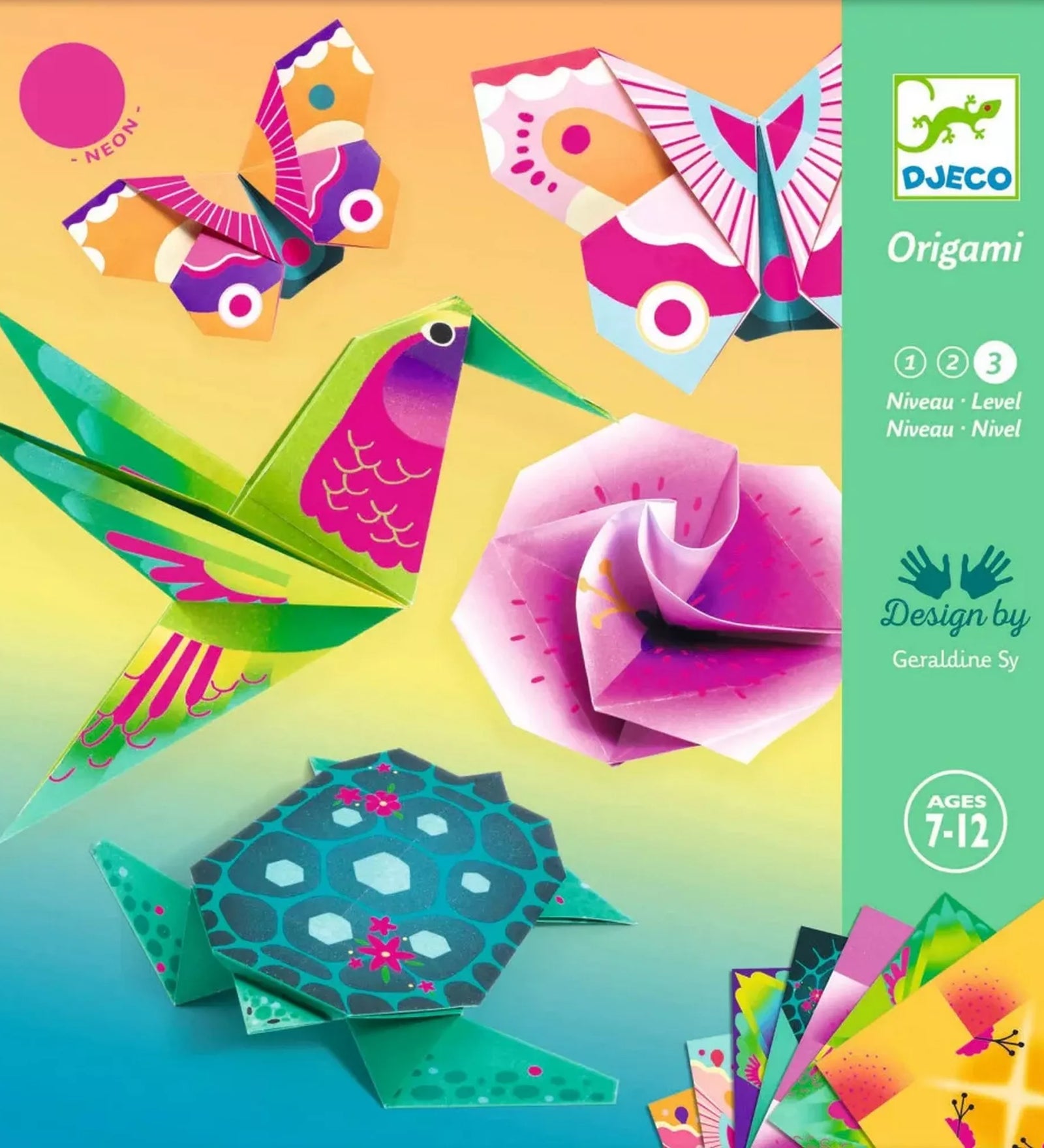 Djeco Trópusi élet origami készlet borítóképe, pillangó, kolibri, rózsa és teknős papírfigurákkal, 7–12 éves korosztálynak, neon színvilágban