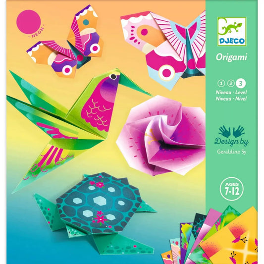 Djeco Trópusi élet origami készlet borítóképe, pillangó, kolibri, rózsa és teknős papírfigurákkal, 7–12 éves korosztálynak, neon színvilágban