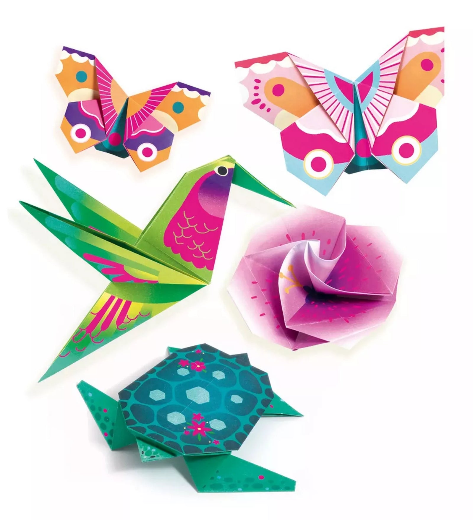 Trópusi motívumos origami figurák, kolibri, pillangók, rózsa és teknős színes papírból hajtogatva, Djeco kreatív készlet