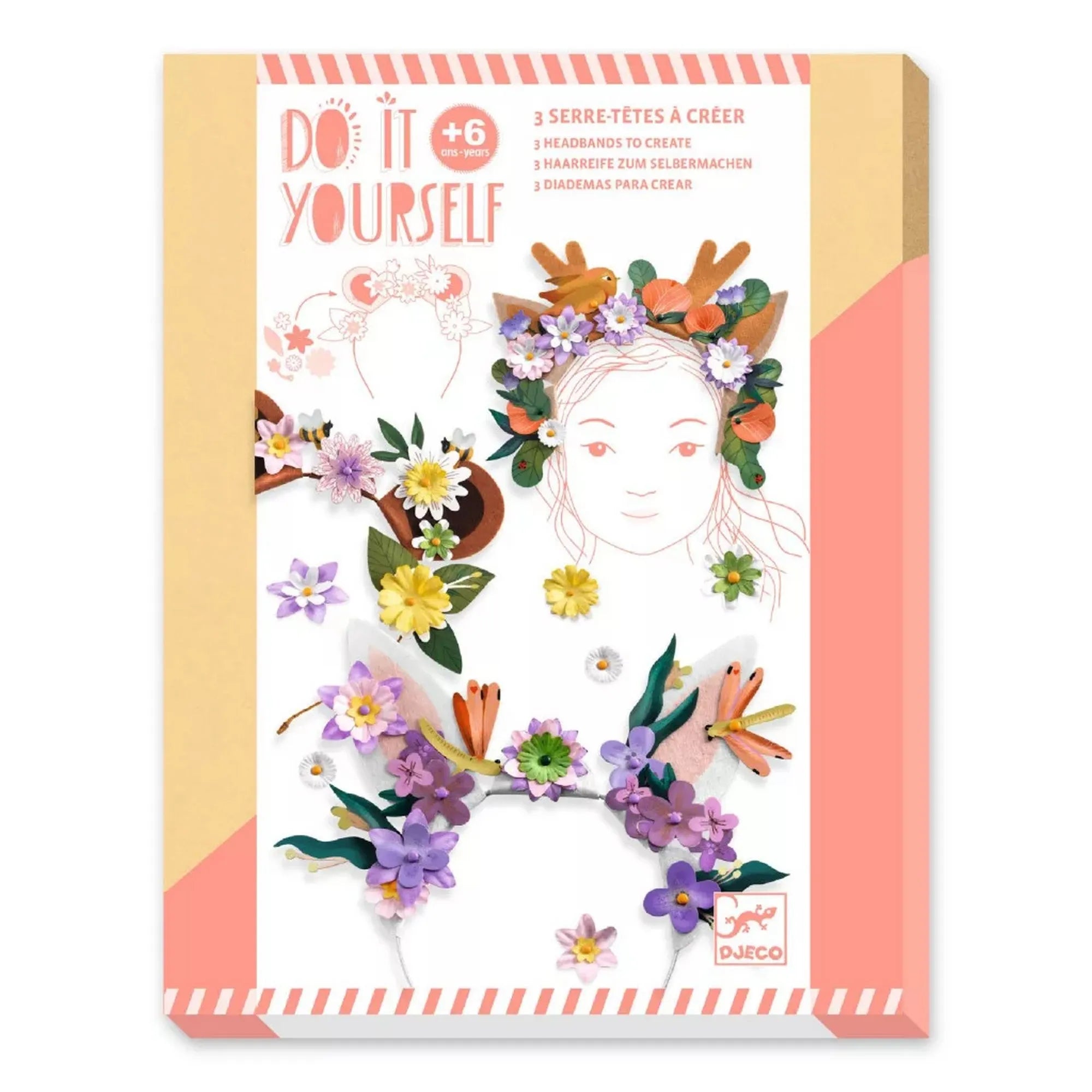 A Djeco Virágos hajdísz kreatív szett doboza, amely három színes, virágokkal és levelekkel díszített fejpánt elkészítéséhez tartalmaz alapanyagokat.