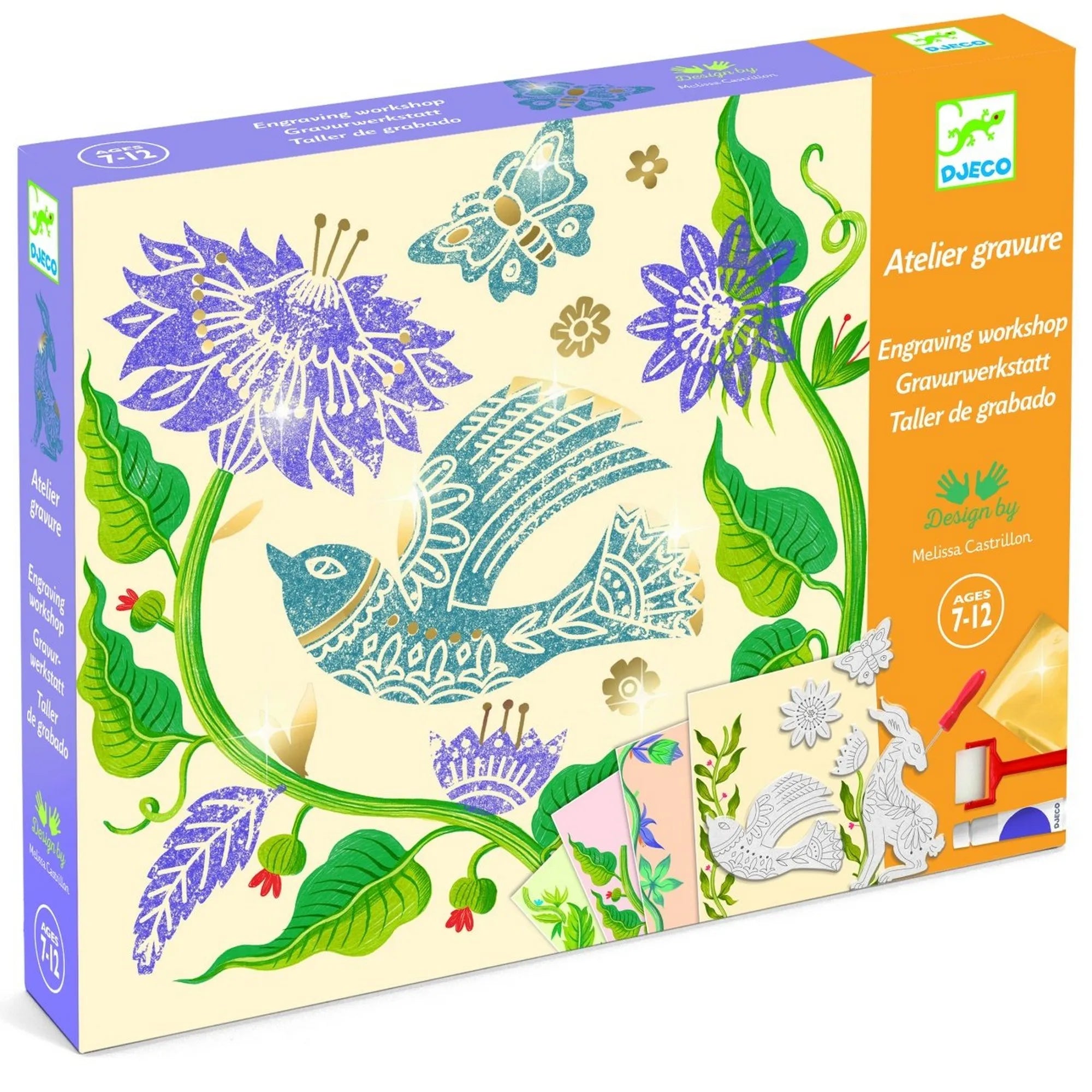 Djeco Virágos gravírozó műhely készlet doboza részletes grafikákkal és tartalomelőnézettel.