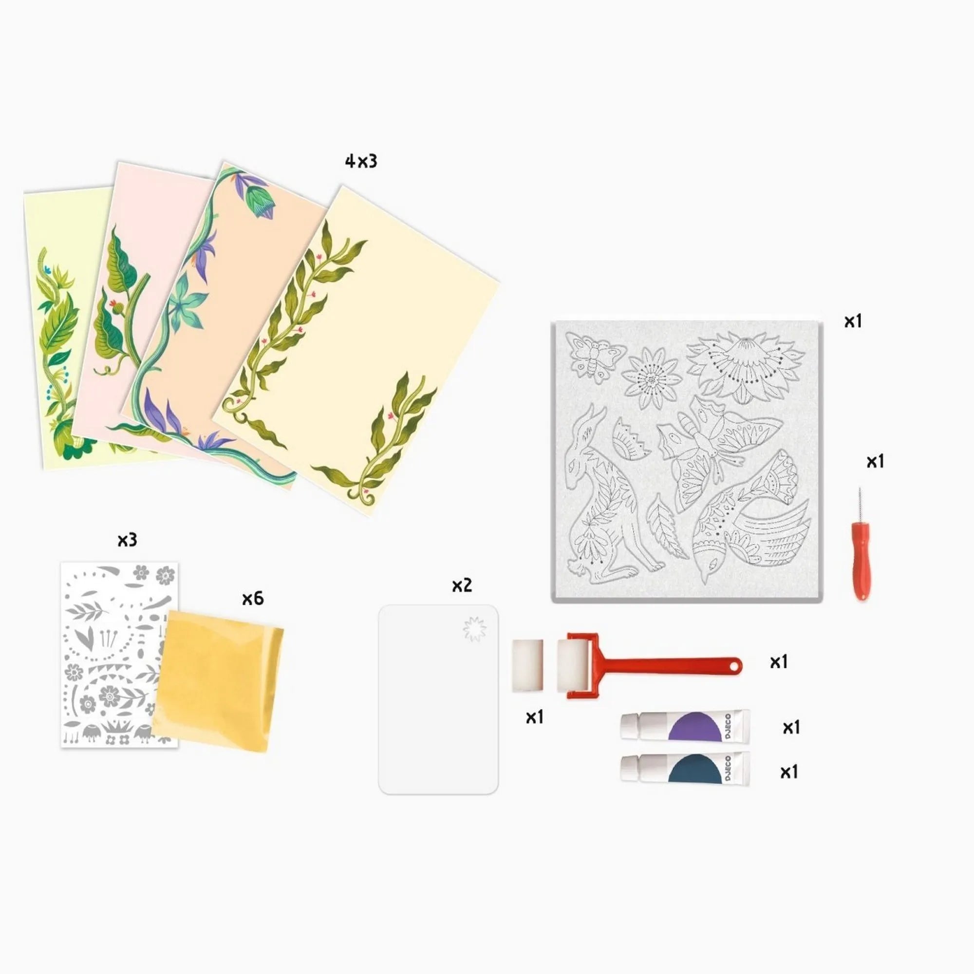 A készlet teljes tartalma: gravírozható lapok, sablonok, festékek, hengerek, paletták és metálfóliák.