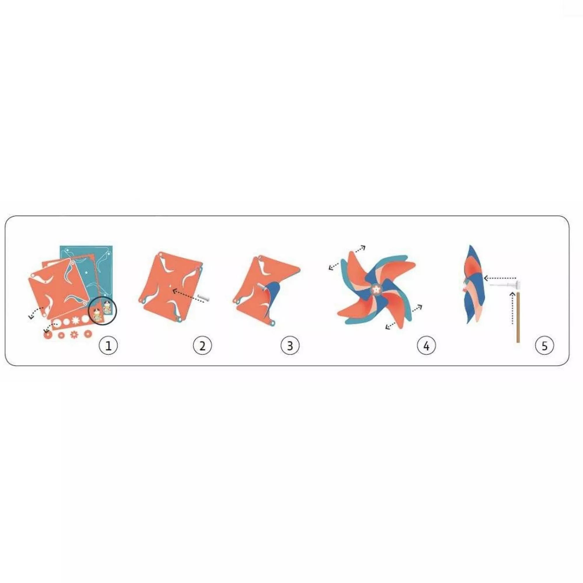 „Rajzos útmutató a Djeco Virágos szélforgók készlet elemeinek összeállításához. A képsor lépésről lépésre mutatja be a mintás papírlapok hajtását, a sarkok rögzítését és a szélforgó pálcára illesztését.”