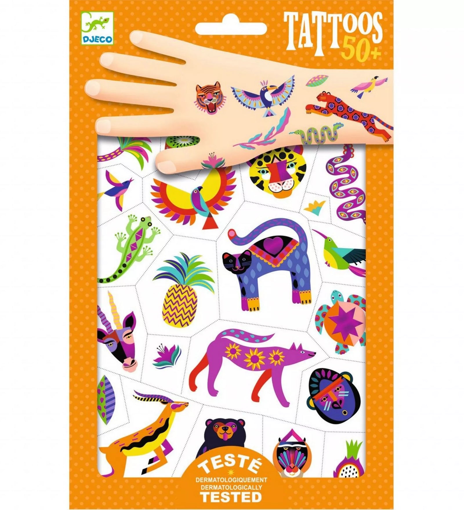 Djeco Wild Beauty tetoválások csomagolása, amelyen színes, vadállatos minták láthatók – tigris, papagáj, párduc, gyík és más egzotikus állatok fémes részletekkel díszítve. 