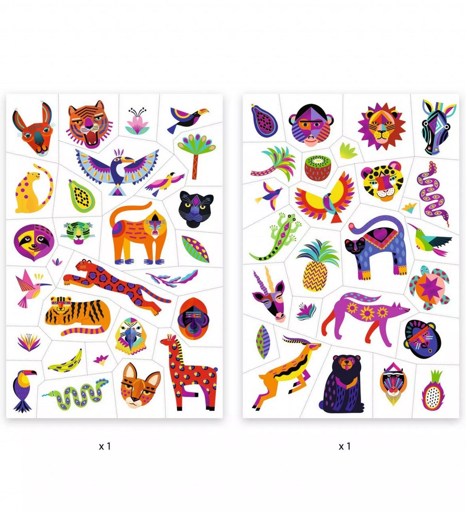 A Djeco Wild Beauty tetováláskészlet két íve, több mint 50 különböző mintával. A színes állatfigurák között tigris, majom, zsiráf, papagáj, kígyó és ananász is megtalálható, mind élénk, fémes árnyalatokkal.