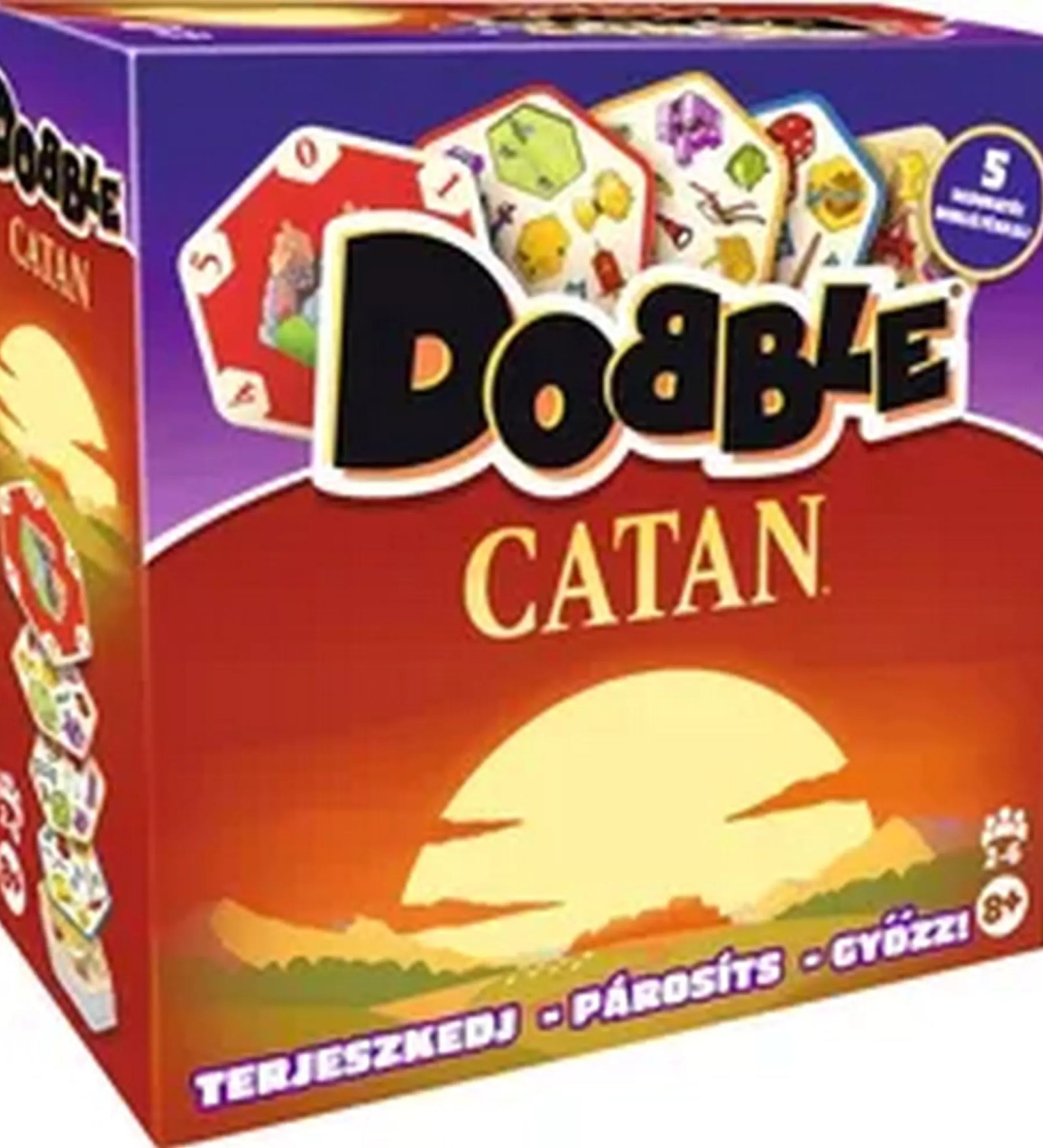 „Dobble Catan társasjáték doboza, vörös-narancs naplemente hátterű dizájnnal, a Dobble logóval és hatszögletű kártyák illusztrációival.”