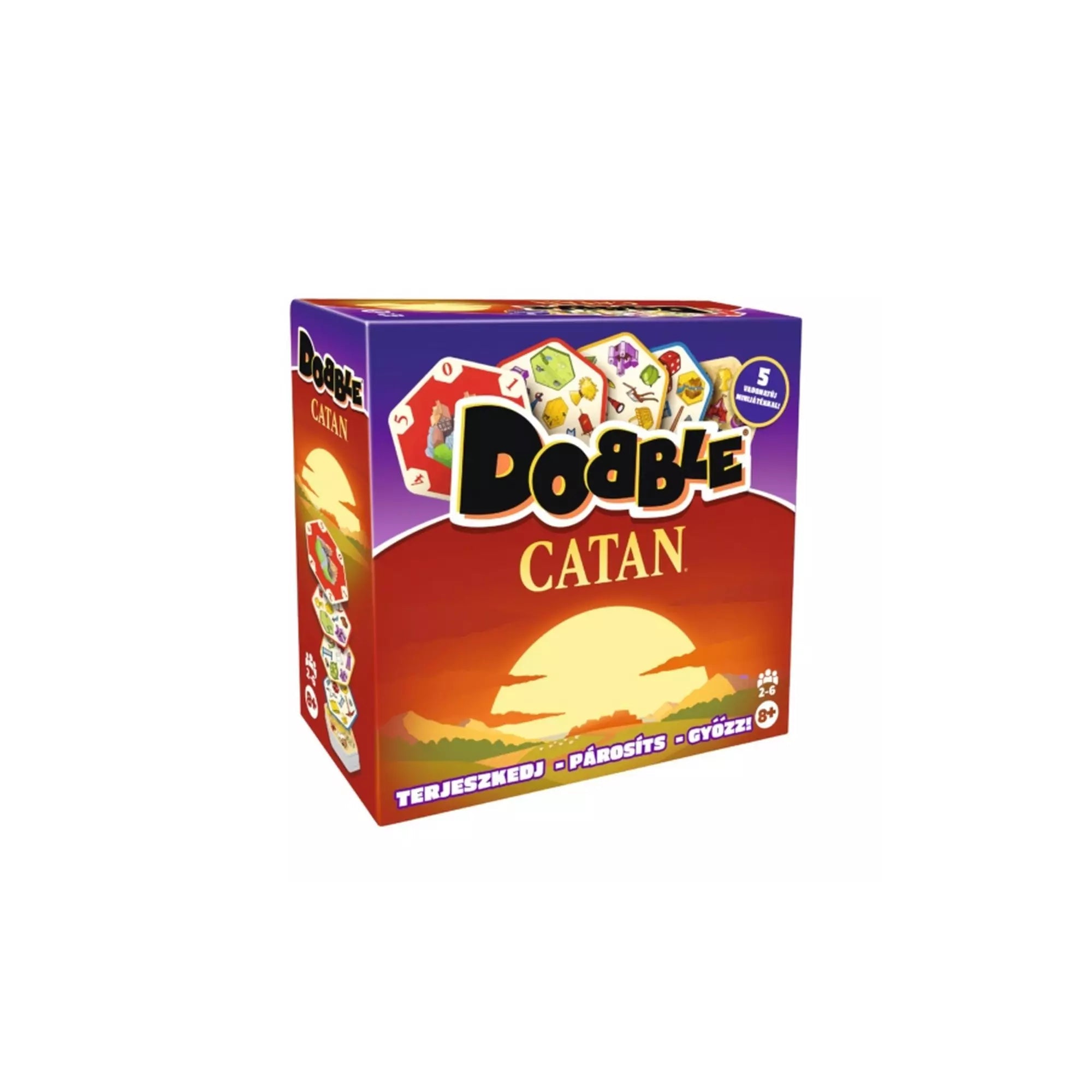 Dobble Catan társasjáték doboza – a Catan világát és a Dobble gyorsasági játékát ötvöző, magyar nyelvű partijáték 5 különböző játékmóddal.
