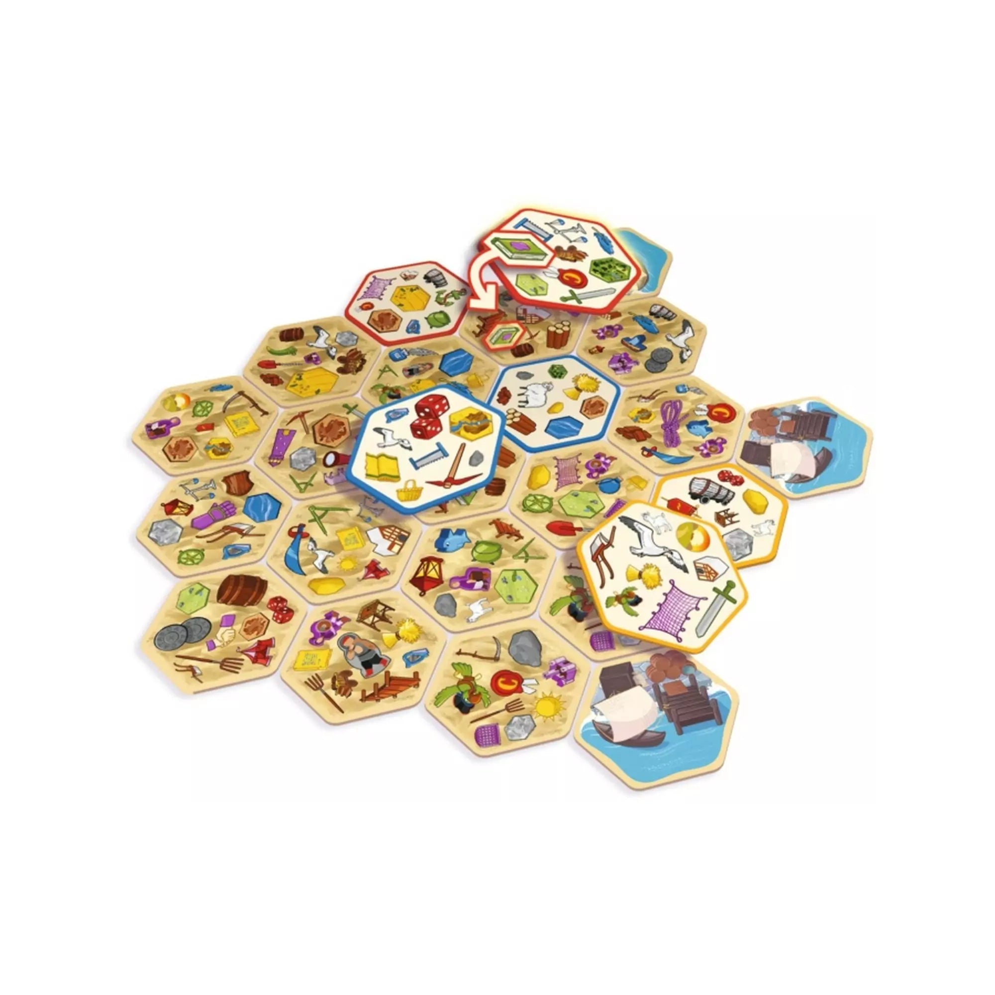 Dobble Catan játékelemek kiterítve – hatszög alakú kártyák színes szimbólumokkal, amelyek a Catan világát idézik, például fa, búza, bárány és kikötő.