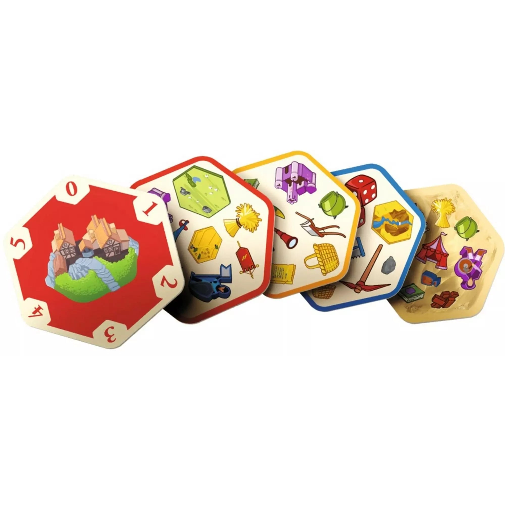 Dobble Catan kártyák közelről – változatos szimbólumok, köztük kocka, bárány, napsugár és építmények, amelyeket a játékosoknak gyorsan kell párosítani.