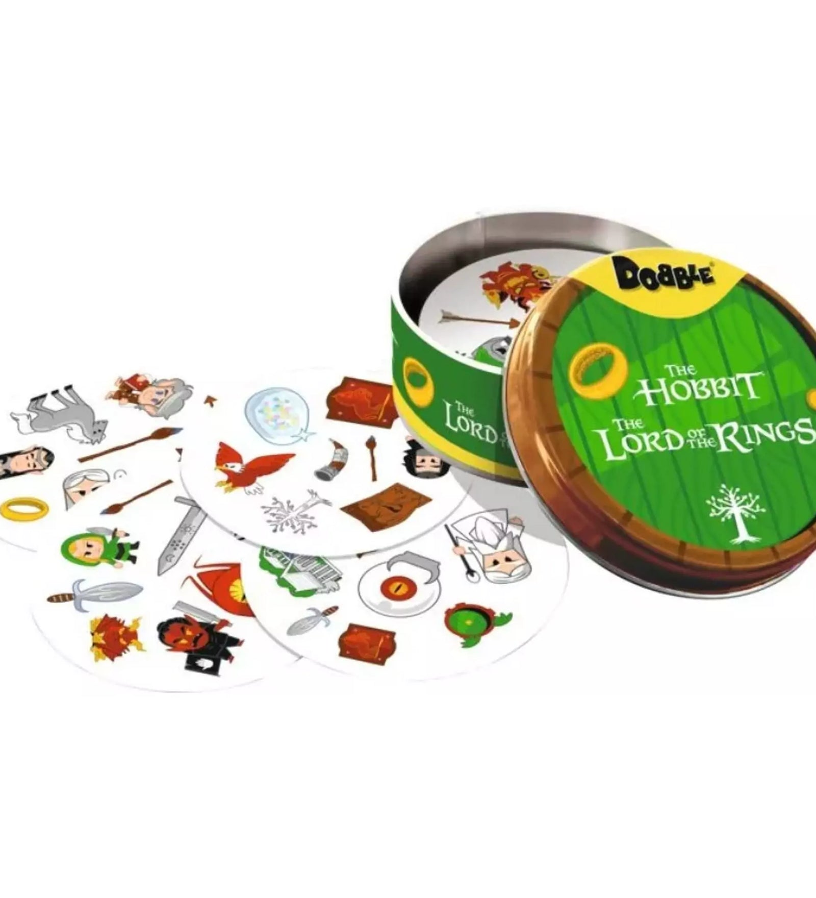 „Dobble Hobbit – A Gyűrűk Ura társasjáték fémdoboz nyitva, előtérben színes kártyák láthatók A Gyűrűk Ura világából ismert szimbólumokkal és szereplőkkel.”