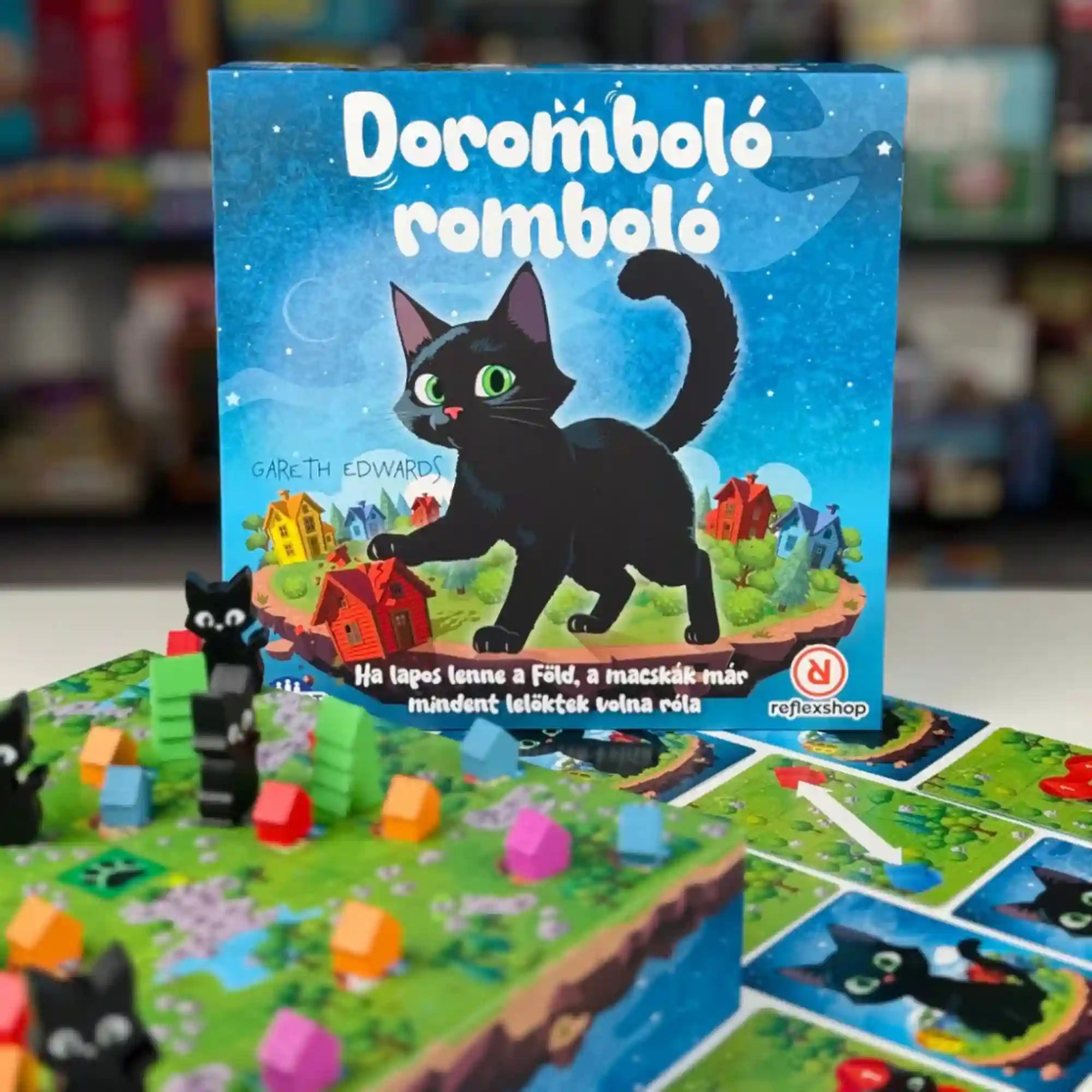Doromboló romboló társasjáték doboza és felállított játéktér