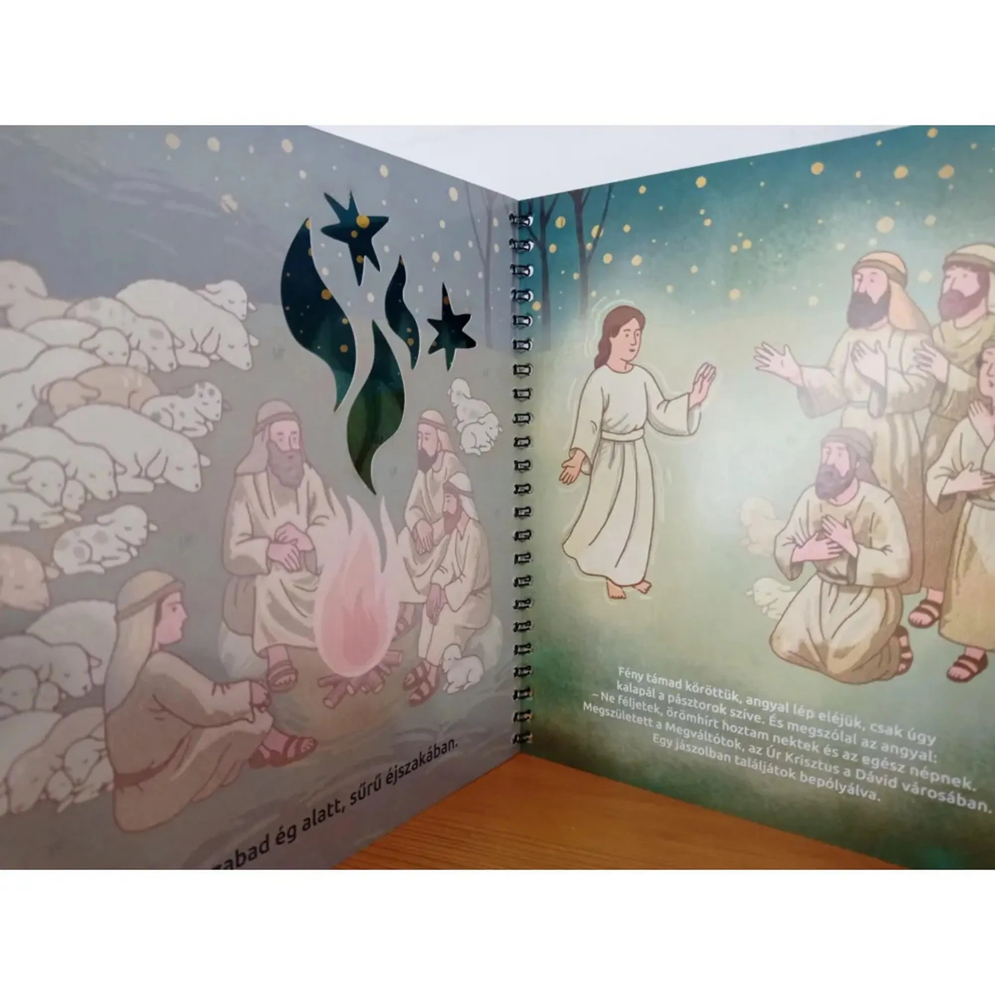 Az Ég és Föld Fia könyv jelenete, ahol az angyal a tűznél ülő pásztorokhoz szól, fényben megjelenő égi formákkal.