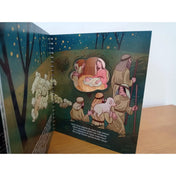 Az Ég és Föld Fia könyvben a pásztorok a jászolnál állnak, ahol Mária a kisdedet tartja, körülöttük bárányok.