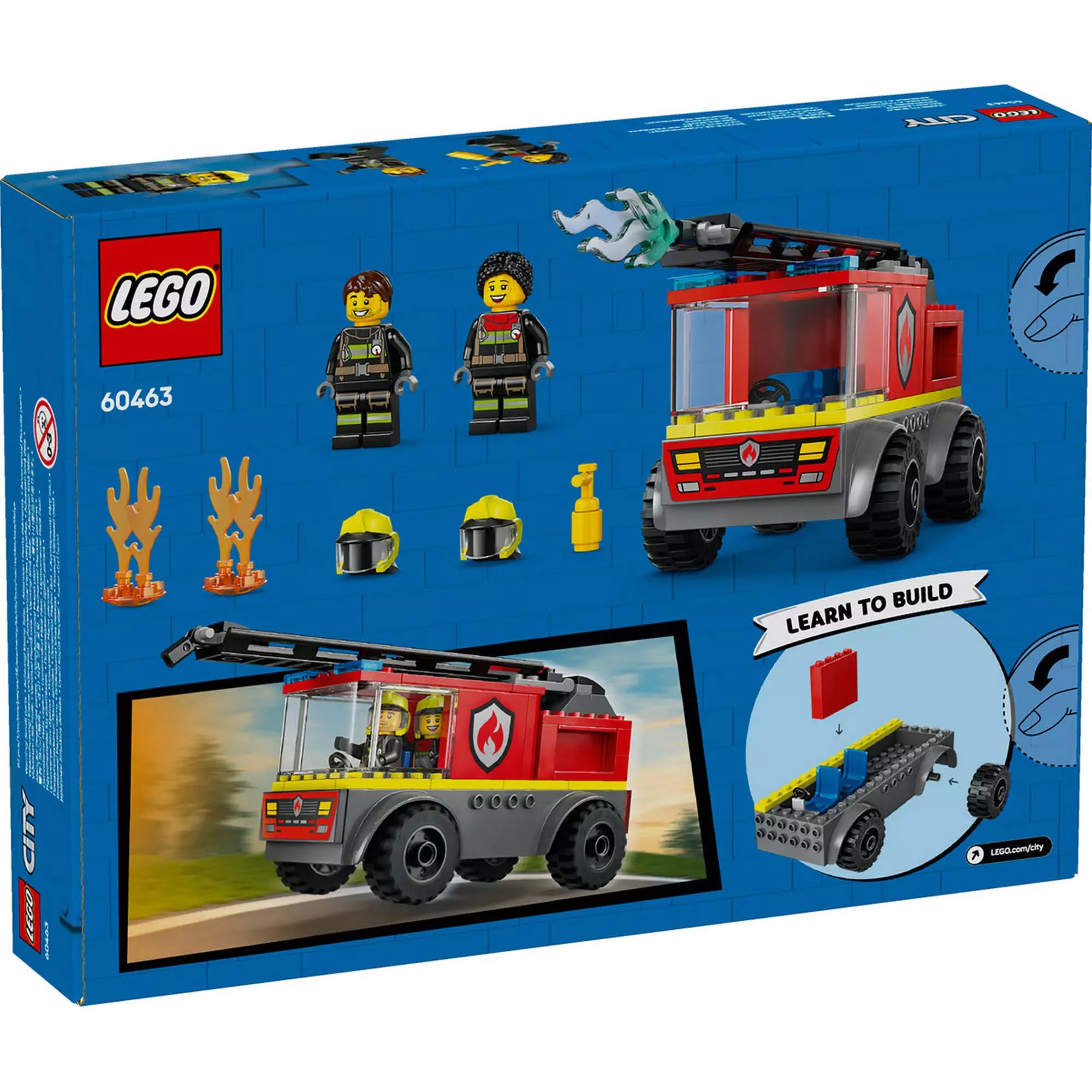 LEGO City Létrás tűzoltóautó 60463 - A készlet dobozának hátlapja, rajta tűzoltóautó, minifigurák, lángok és kiegészítők a fantáziadús játékhoz.