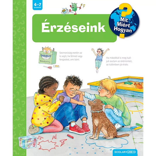 „Érzéseink! Mit? Miért? Hogyan? (71.) magyar nyelvű könyv borítója, három kisgyerekkel, akik érzelmeket élnek át és segítik egymást a játszótéren.”