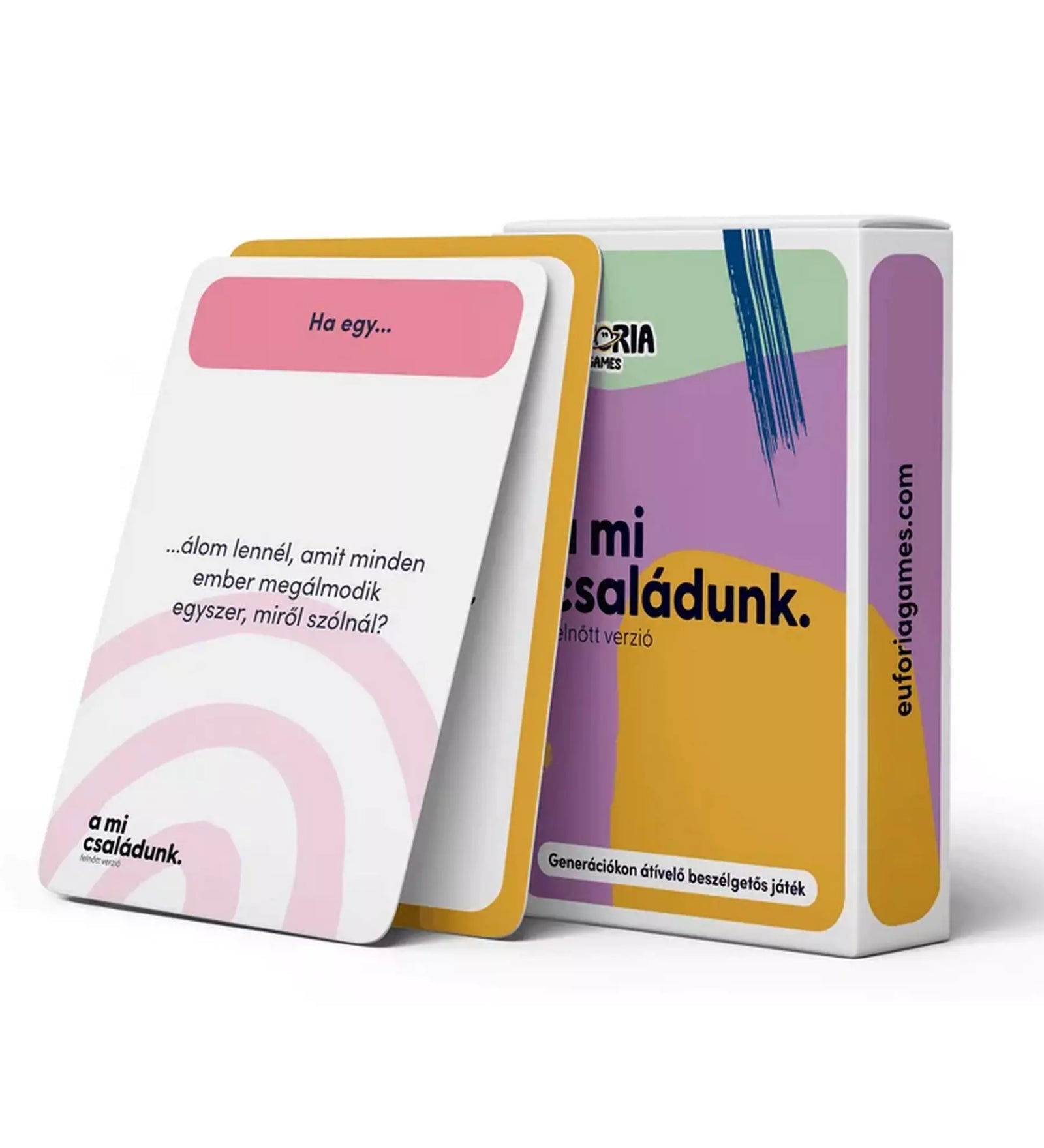 A mi családunk – felnőtt verzió játék doboza és egy kihúzott kártya, amely generációkon átívelő beszélgetéseket indít el.