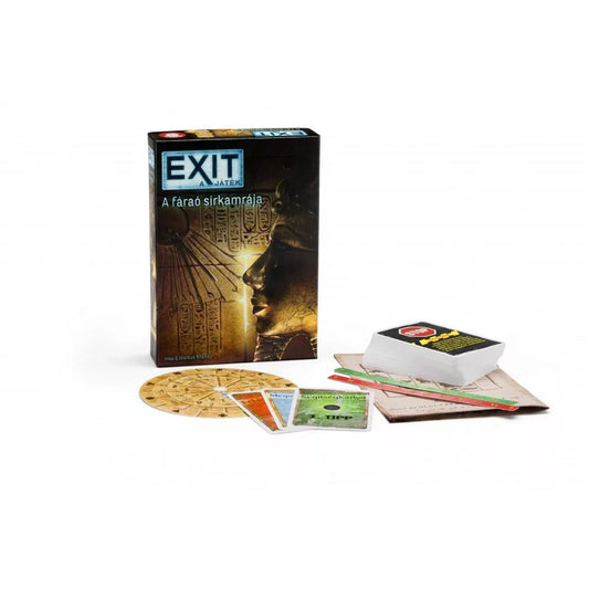 EXIT A fáraó sírkamrája társasjáték doboz és tartozékok – egyiptomi témájú szabadulószoba játék, kártyák, rejtvénykorong és feladványlapok