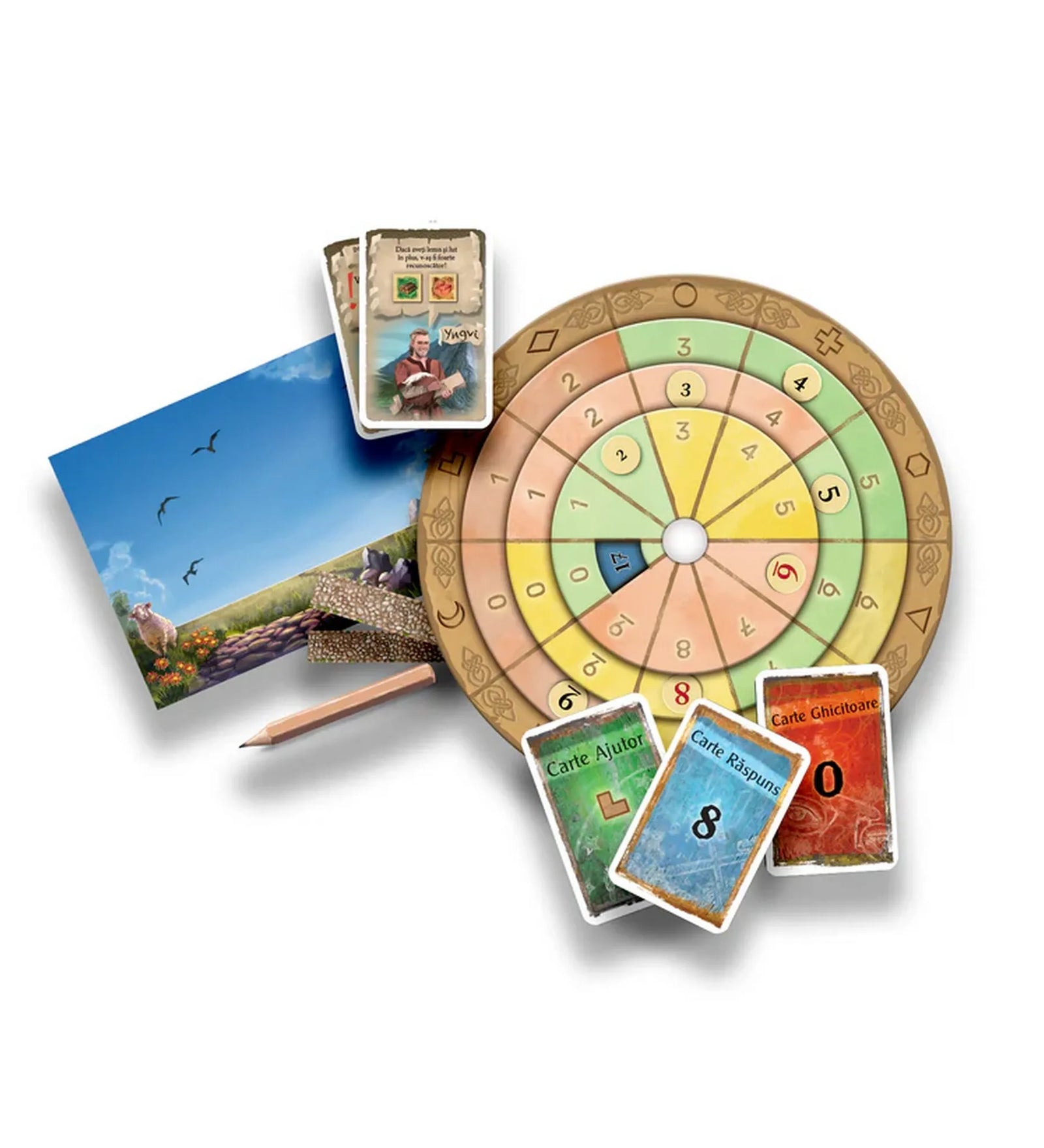 EXIT – Aventura din Catan játékelemek: dekóderkorong, kártyák, illusztrált lapok és ceruza, amelyek a rejtvények megoldásához szükségesek.