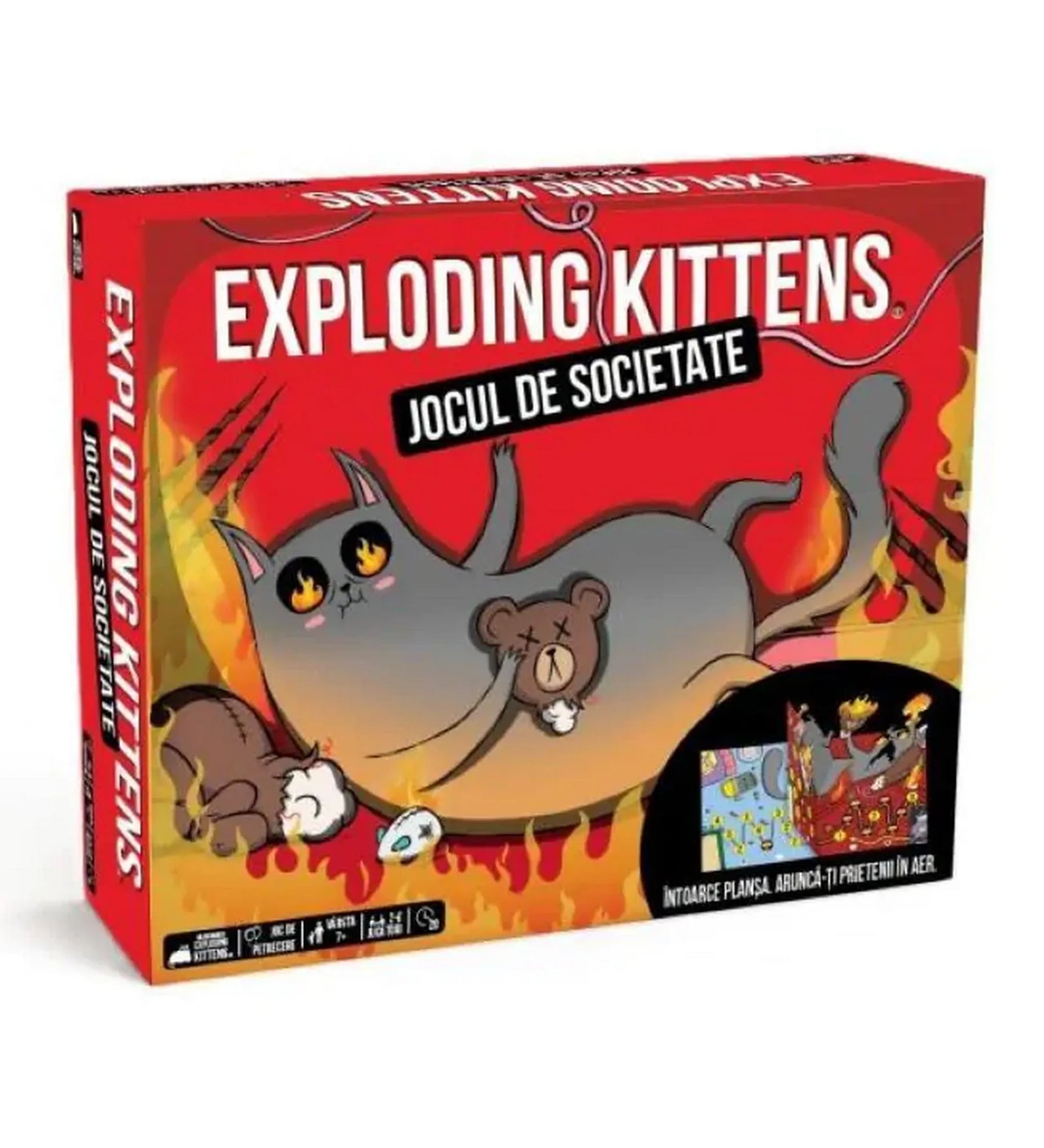 Exploding Kittens társasjáték doboza elölről, lángoló háttérrel és vicces robbanó macskás grafikával, piros színű csomagolásban.