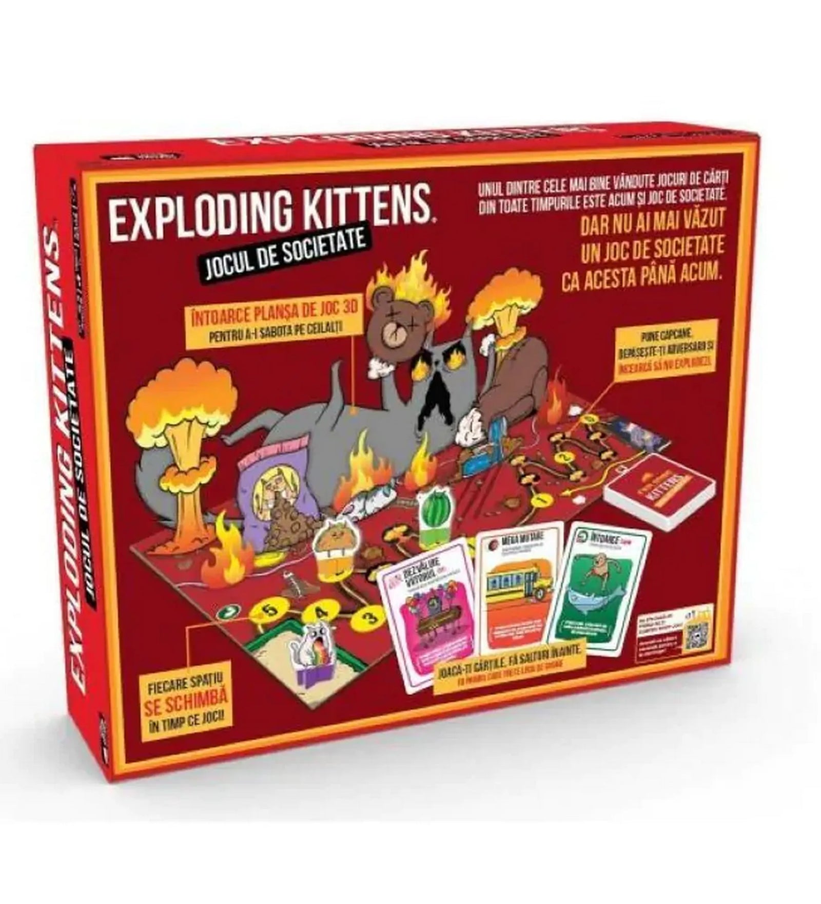 Exploding Kittens társasjáték hátoldala, a 3D-s megfordítható játéktáblával, akciókártyákkal és játékszabályokkal, részletes bemutatással.
