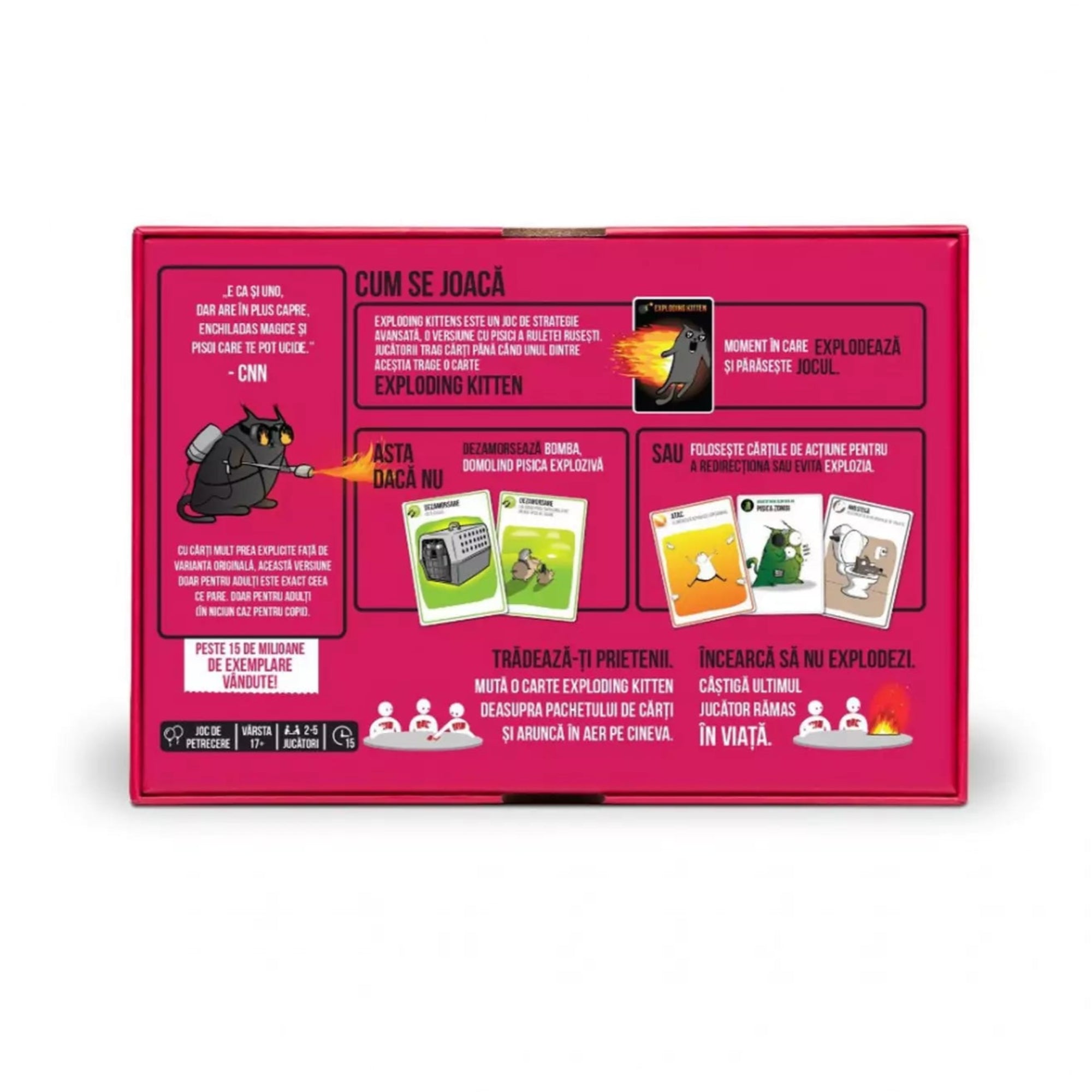 Exploding Kittens (Pink Edition) társasjáték hátoldala - A doboz hátulján található játékszabályok és rövid ismertető.