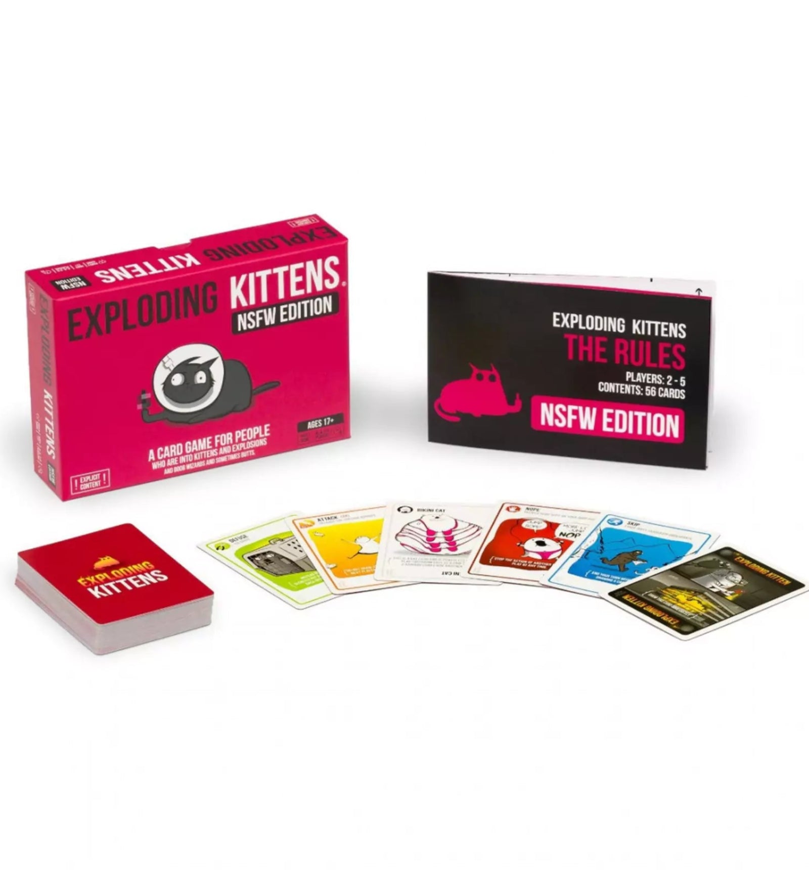 Exploding Kittens (Pink Edition) társasjáték doboz és kártyák - A játék doboza és a színes kártyák, amelyek a mókás játékmenetet garantálják.