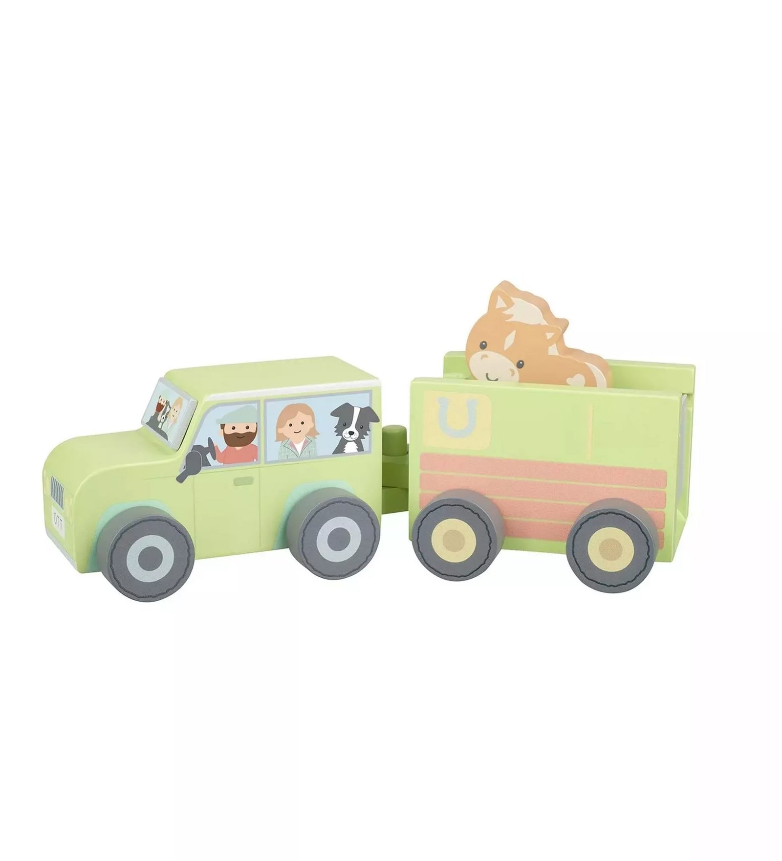 A fa teherautó utánfutóval és a lóval az Orange Tree Toys kollekcióból. A lovacska az utánfutóban utazik, miközben a sofőr és az utas mosolyogva néz ki az ablakon. A játék vidám zöld árnyalatú, ideális szerepjátékhoz és állatos kalandokhoz.