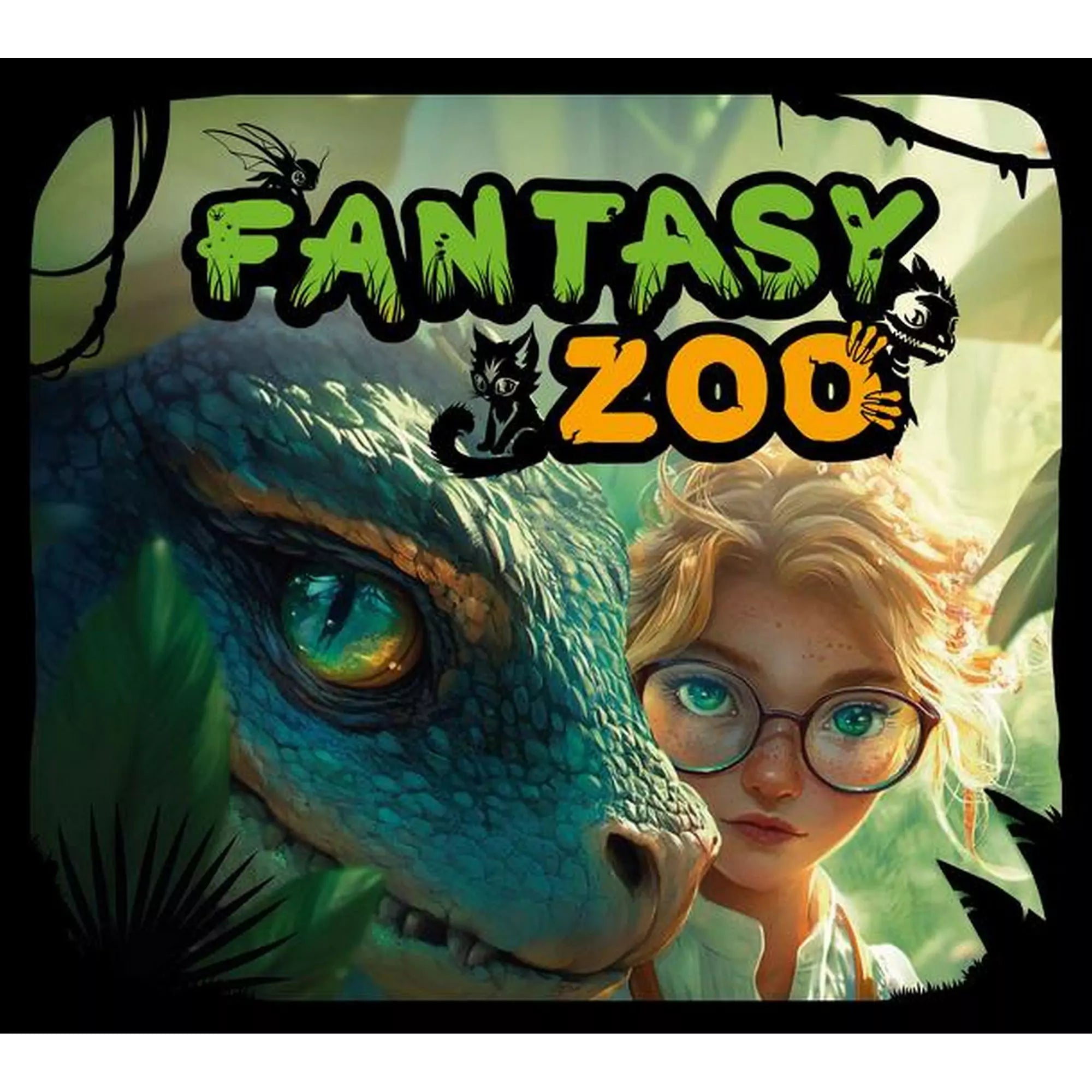 A Fantasy Zoo doboza fantázialényekkel és a játékszabály illusztrációival, fekete szegéllyel.
