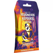 Fedőnevek képekkel (2. kiadás): Állatkák magyar nyelvű kiegészítő színes doboza, tojásból kibújó pandával, lila, narancssárga és sárga erdei háttérrel.