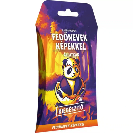 Fedőnevek képekkel (2. kiadás): Állatkák magyar nyelvű kiegészítő színes doboza, tojásból kibújó pandával, lila, narancssárga és sárga erdei háttérrel.