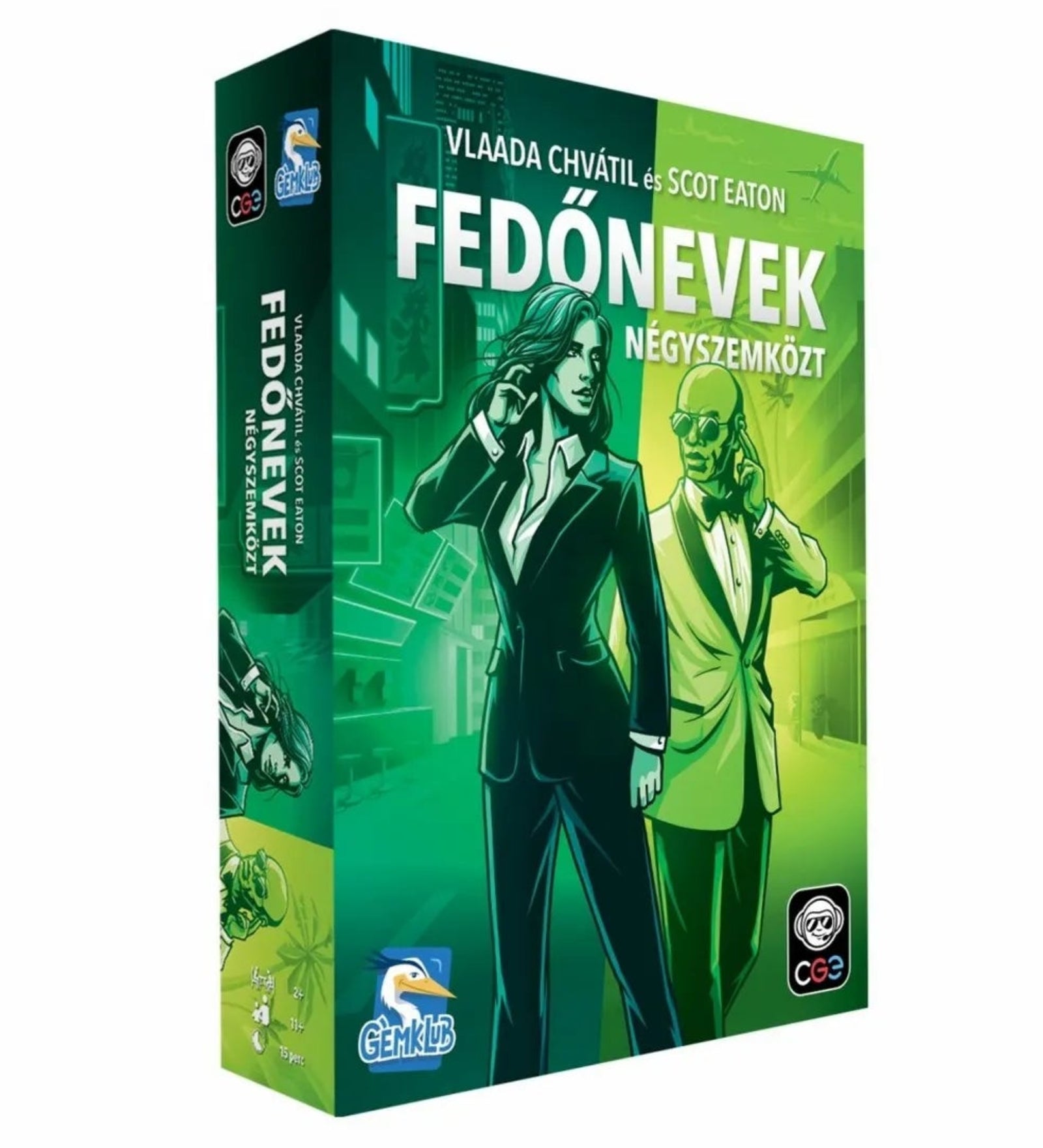 Fedőnevek négyszemközt - 2. kiadás dobozkép, zöld árnyalatú grafika két titkos ügynökkel, magyar nyelvű társasjáték csomagolása.