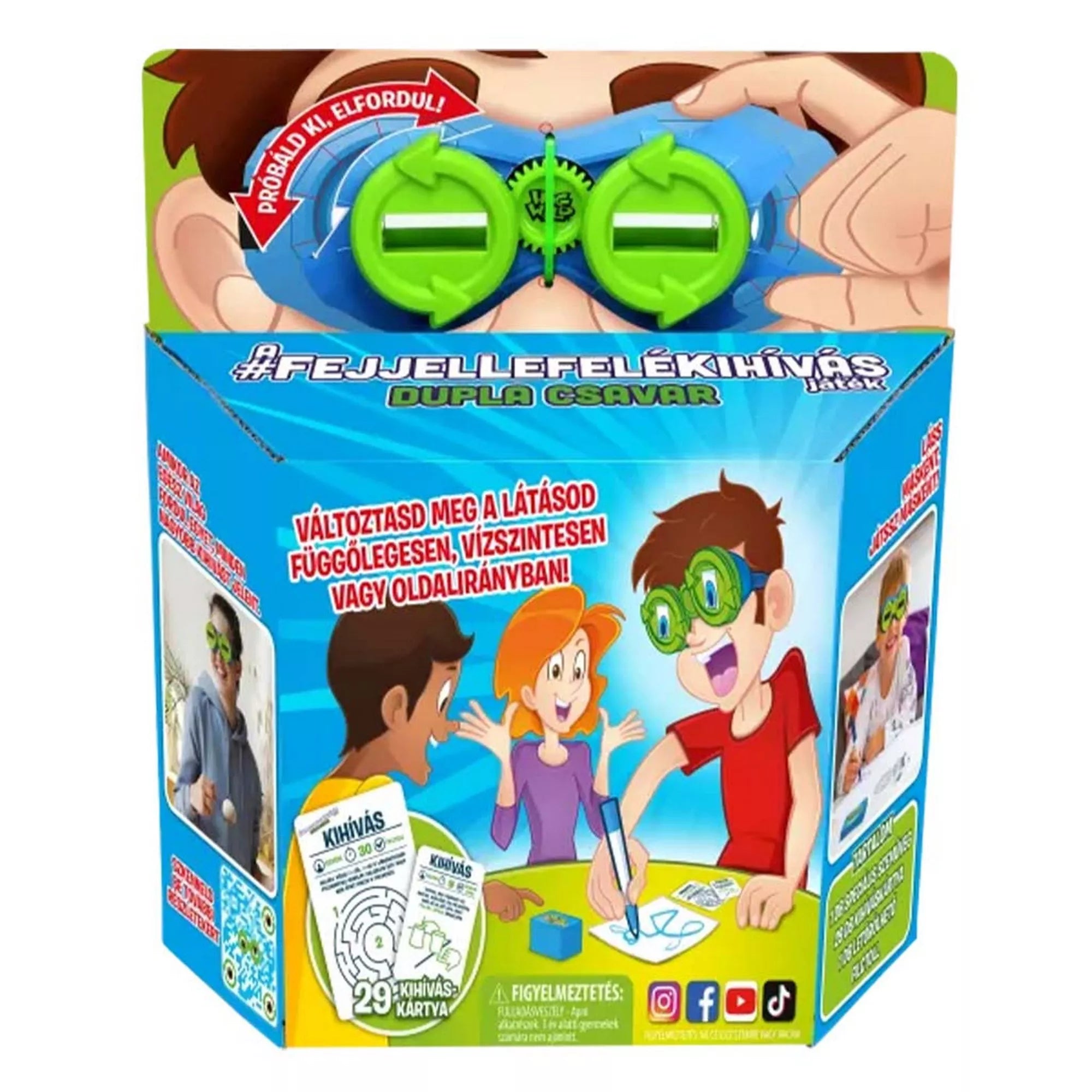 A Fejjel lefelé kihívás: Dupla csavar játék színes doboza, amelyen gyerekek nevetve próbálják teljesíteni a vicces feladatokat a torzított látású szemüveggel.