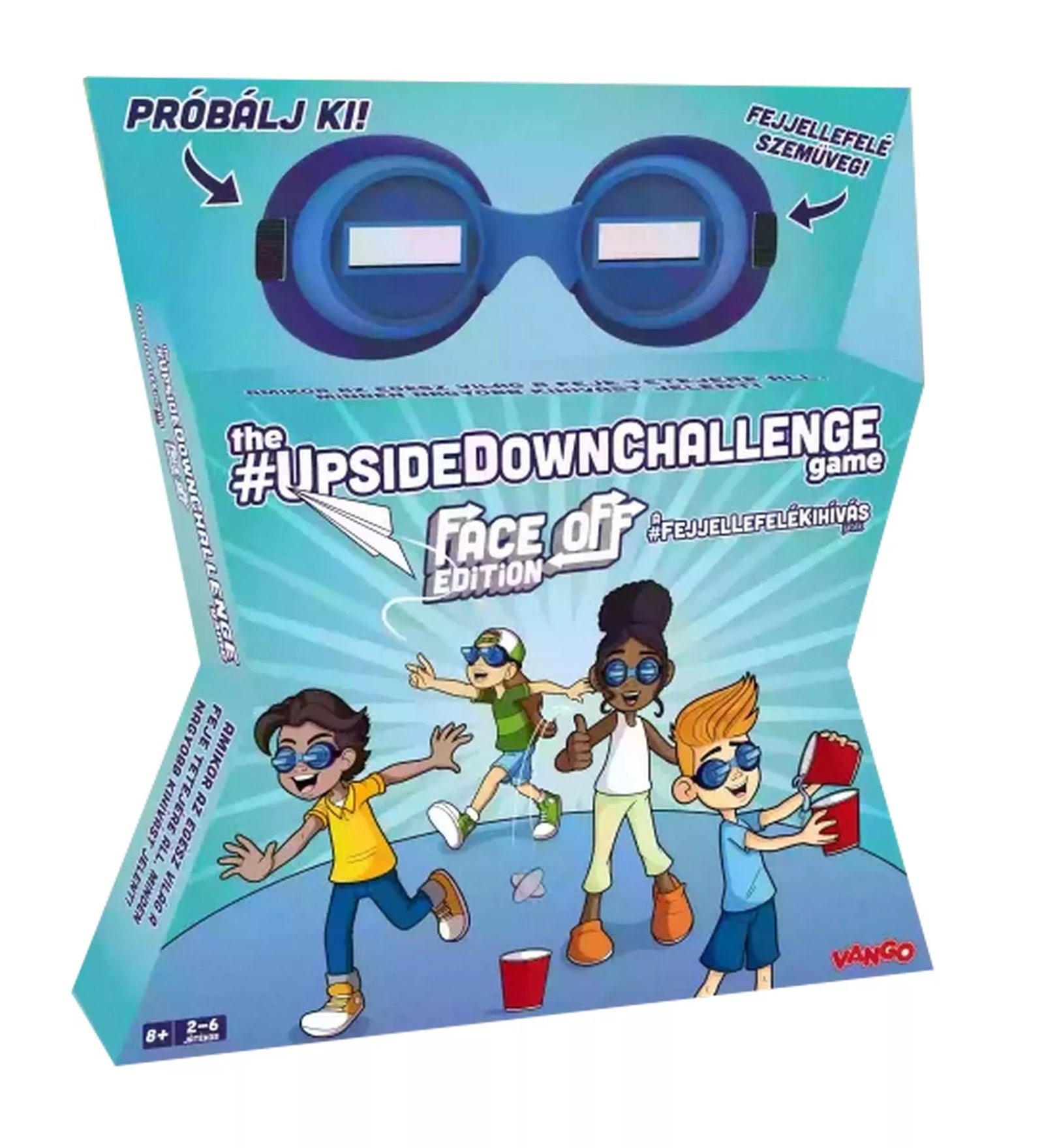 A Fejjellefelékihívás: Face Off Edition társasjáték doboza, amelyen gyerekek fejjel lefelé szemüveget viselnek, miközben vicces feladatokat próbálnak teljesíteni. A csomag élén a kék szemüveg látható, alatta a játék logója és illusztrált szereplők.