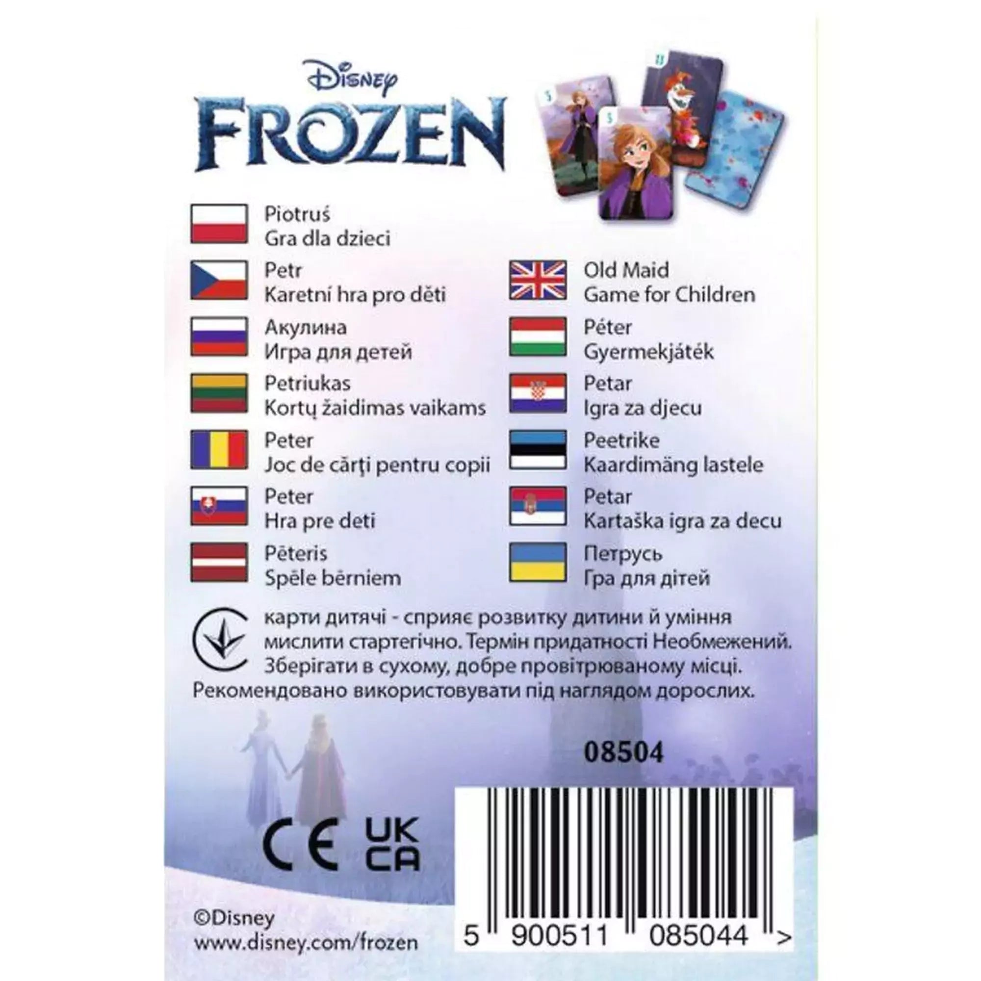 „Fekete Péter kártya: Jégvarázs – a doboz hátoldala többnyelvű ismertetővel, Disney Frozen logóval és CE jelzéssel.”
