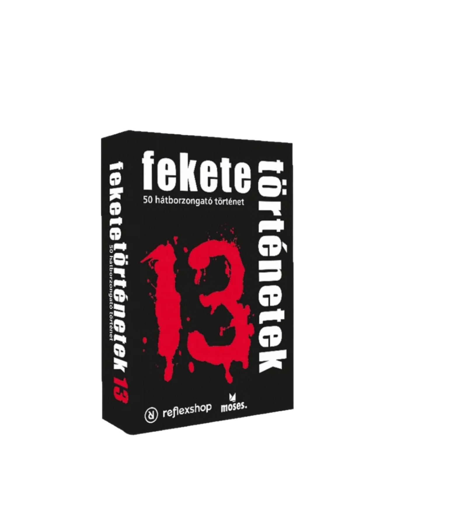A Fekete történetek 13 társasjáték doboza, fekete háttérrel, középen egy vérvörös „13” számmal és a „50 hátborzongató történet” felirattal.