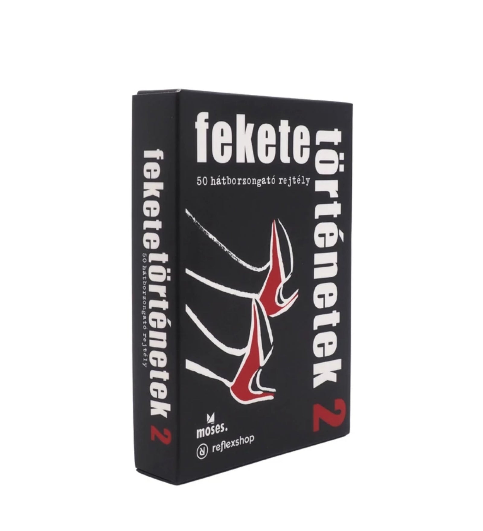 A Fekete történetek társasjáték zárt doboza, fekete háttéren vérfolt motívummal és fehér-piros felirattal.