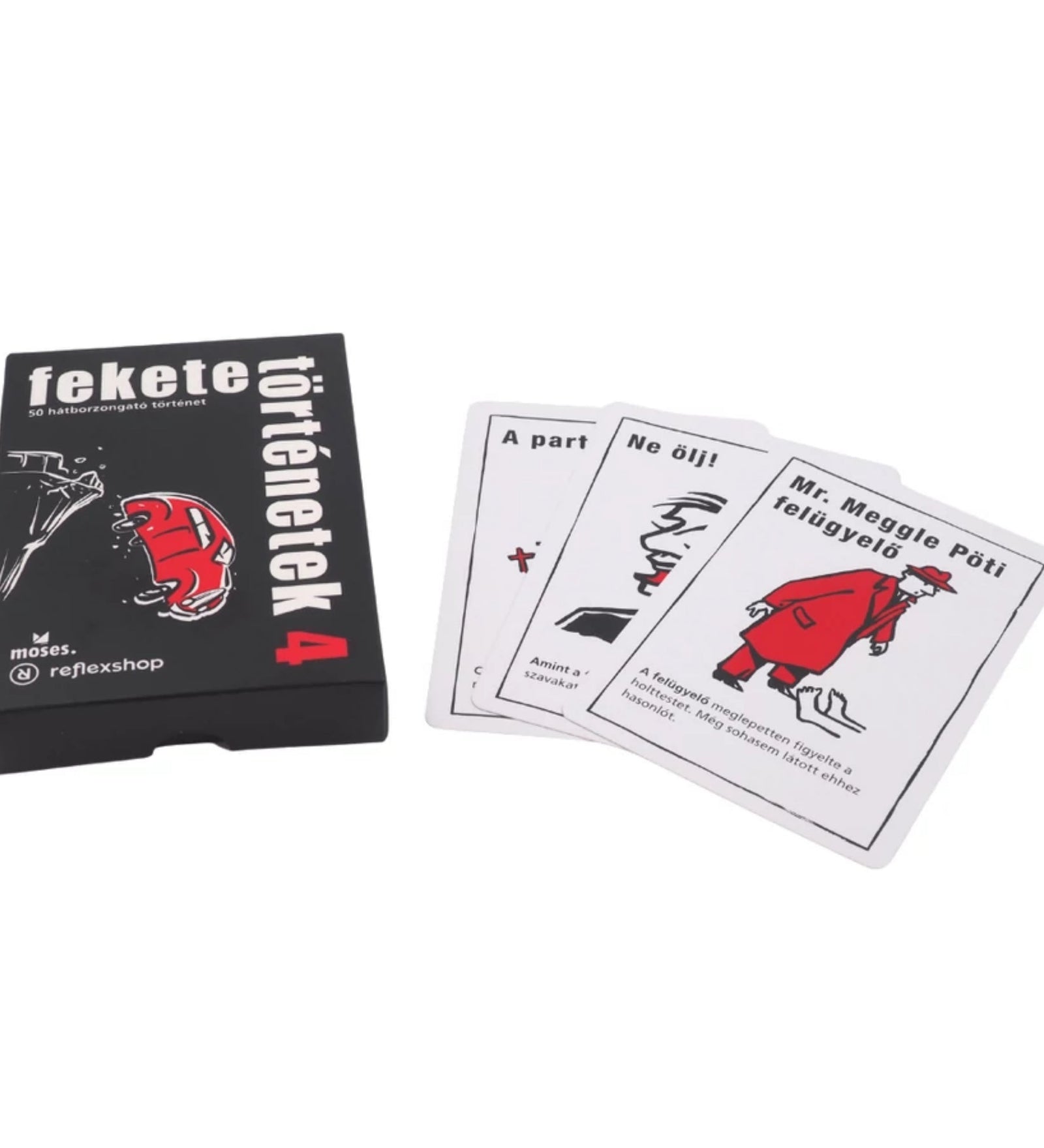 A fekete történetek 4 társasjáték kibontott doboza, mellette három illusztrált, magyar nyelvű kártya: „A part”, „Ne ölj!” és „Mr. Meggle Pöti felügyelő”.