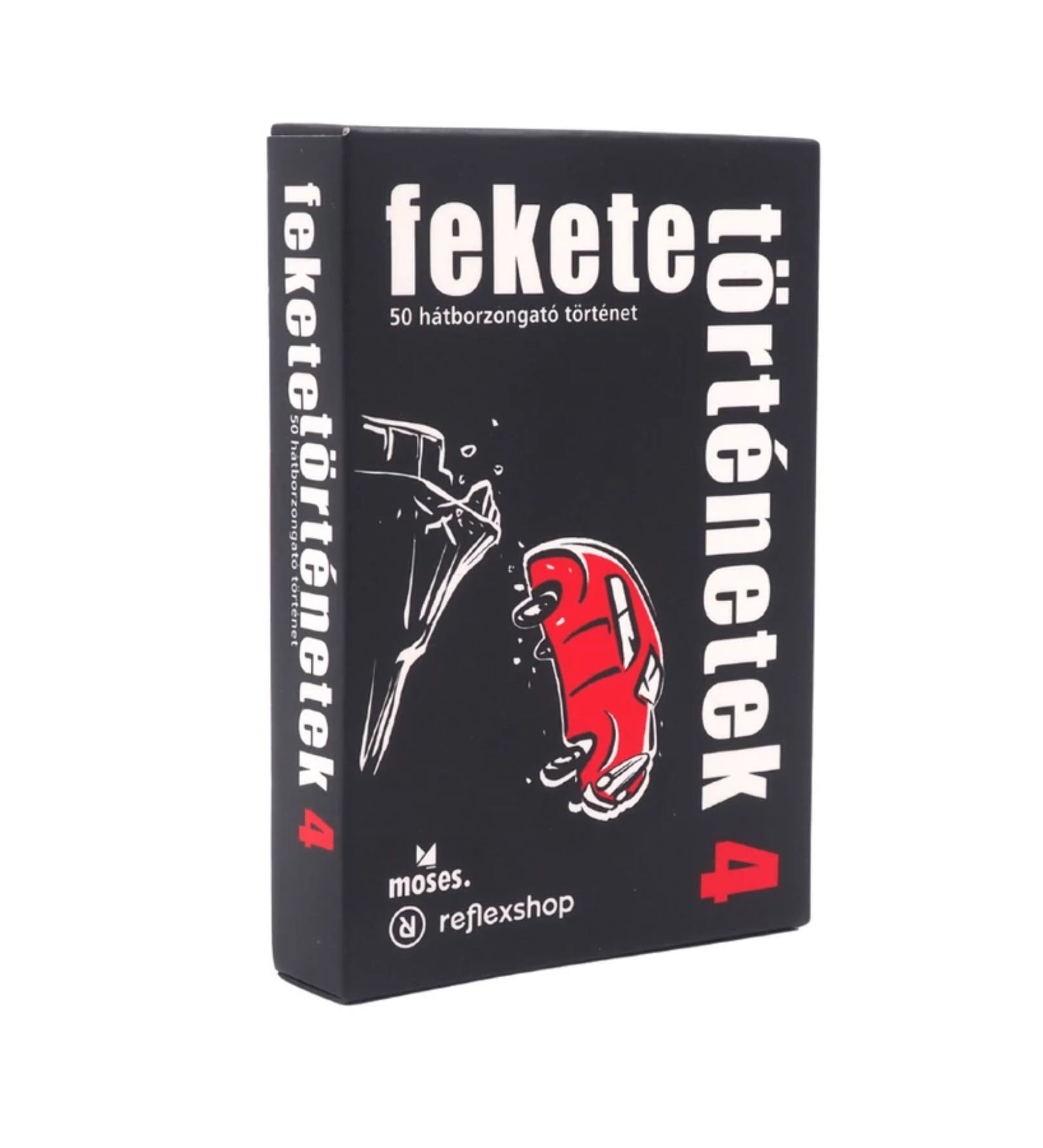 A fekete történetek 4 doboza zárt állapotban, fekete alapon piros autós illusztrációval és a termék nevével.