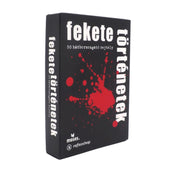A Fekete történetek társasjáték doboza, fekete háttéren vörös festékfröccsenéses grafikával, „50 hátborzongató rejtély” felirattal.