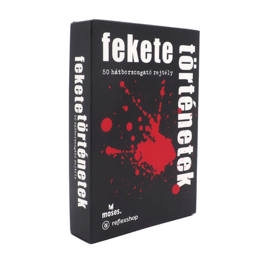 A Fekete történetek társasjáték doboza, fekete háttéren vörös festékfröccsenéses grafikával, „50 hátborzongató rejtély” felirattal.