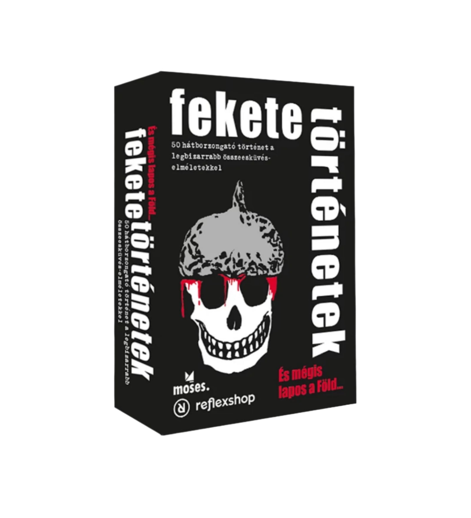 A Fekete történetek – És mégis lapos a Föld... társasjáték doboza, amelyen egy koponya látható piros napszemüvegben és alufólia-sisakban, fekete háttérrel.