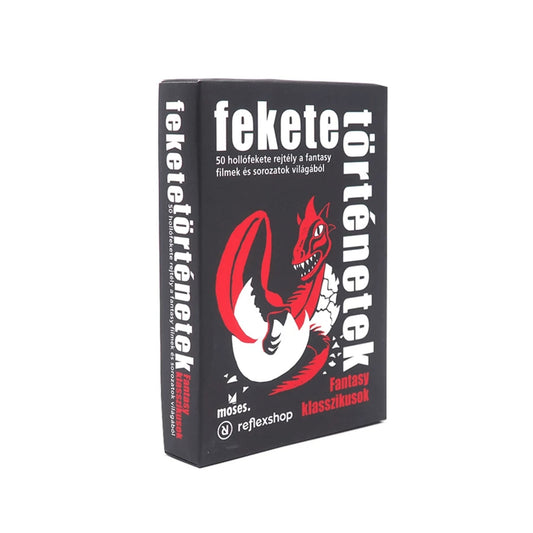 A Fekete történetek – Fantasy klasszikusok társasjáték zárt doboza, amelyen egy vörös sárkány illusztrációja és a játék címe szerepel.