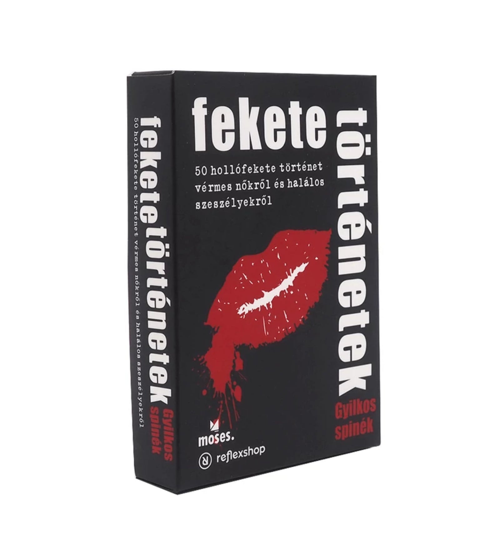 Fekete történetek – Gyilkos spinék társasjáték doboza, amely 50 hollófekete történetet tartalmaz véres nőkről és halálos szeszélyekről.