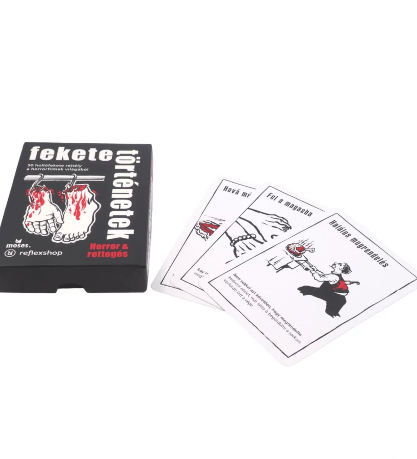 A Fekete történetek - Horror & rettegés kártyajáték doboza és három nyitott kártya, melyek horror témájú illusztrációkat és rejtélyes szövegeket tartalmaznak.