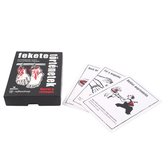 A Fekete történetek - Horror & rettegés kártyajáték doboza és három nyitott kártya, melyek horror témájú illusztrációkat és rejtélyes szövegeket tartalmaznak.