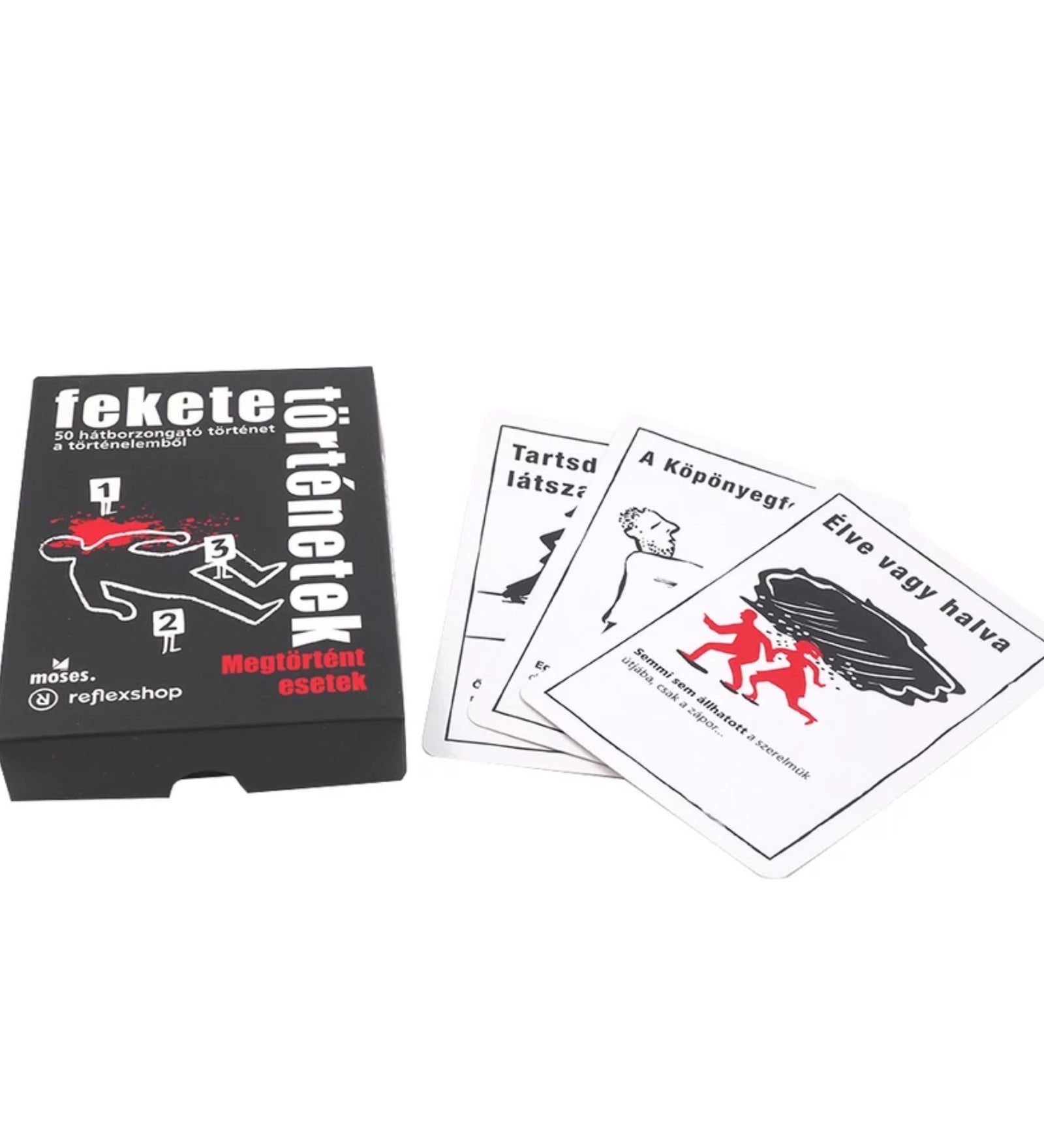 A Fekete történetek: Megtörtént esetek doboza és három kihajtott, fekete-fehér illusztrált történetkártya.